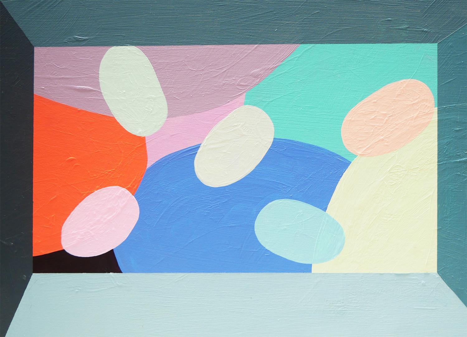 „Looking Out 2“, pastellfarbenes, abstraktes, zeitgenössisches, figuratives Gemälde 2