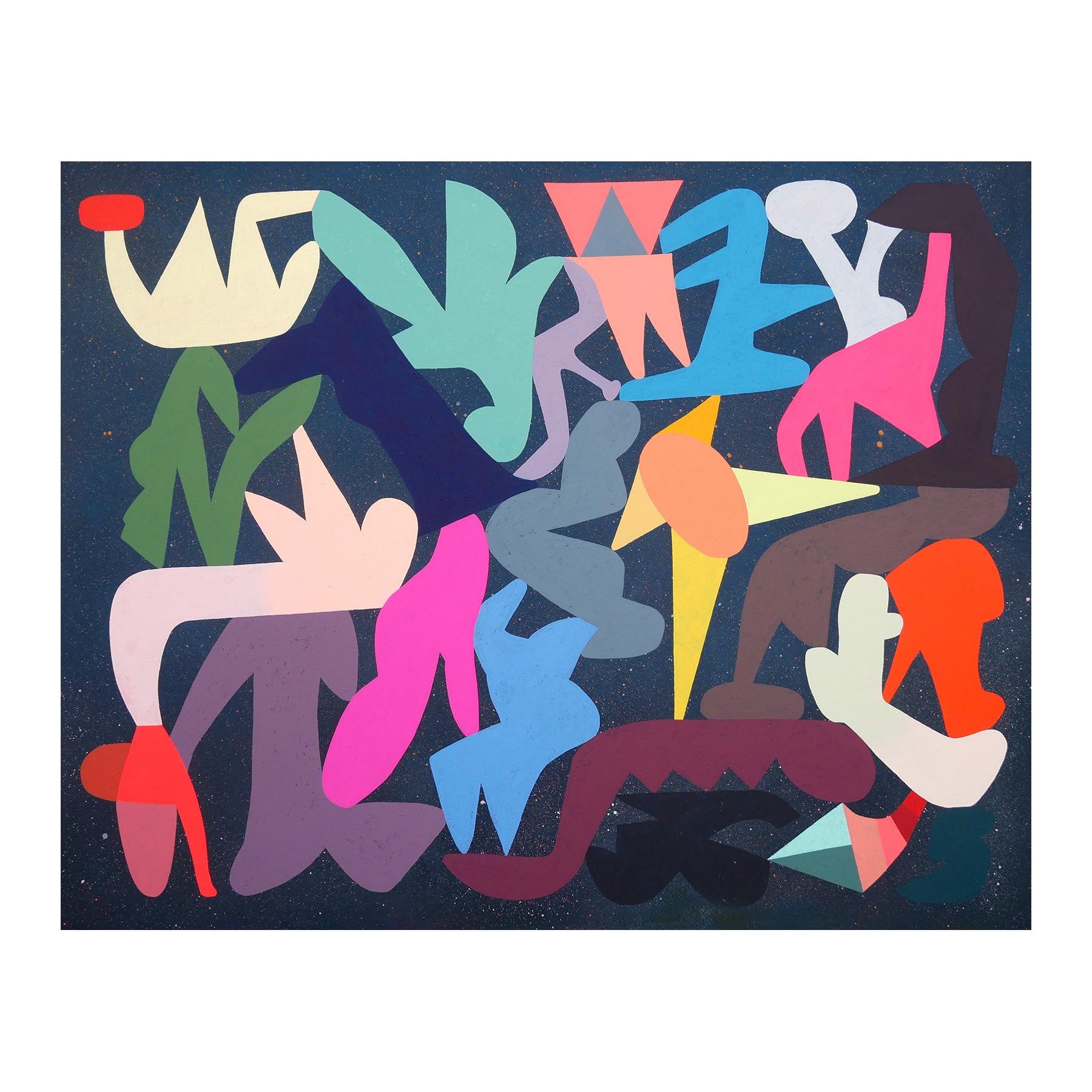 Colorful abstract painting by contemporary Houston artist Peter Healy. The work features a variety of vibrant, hard-edged shapes intertwined against a navy, speckled background. Currently unframed, but options are available. 

Artist Biography: I am