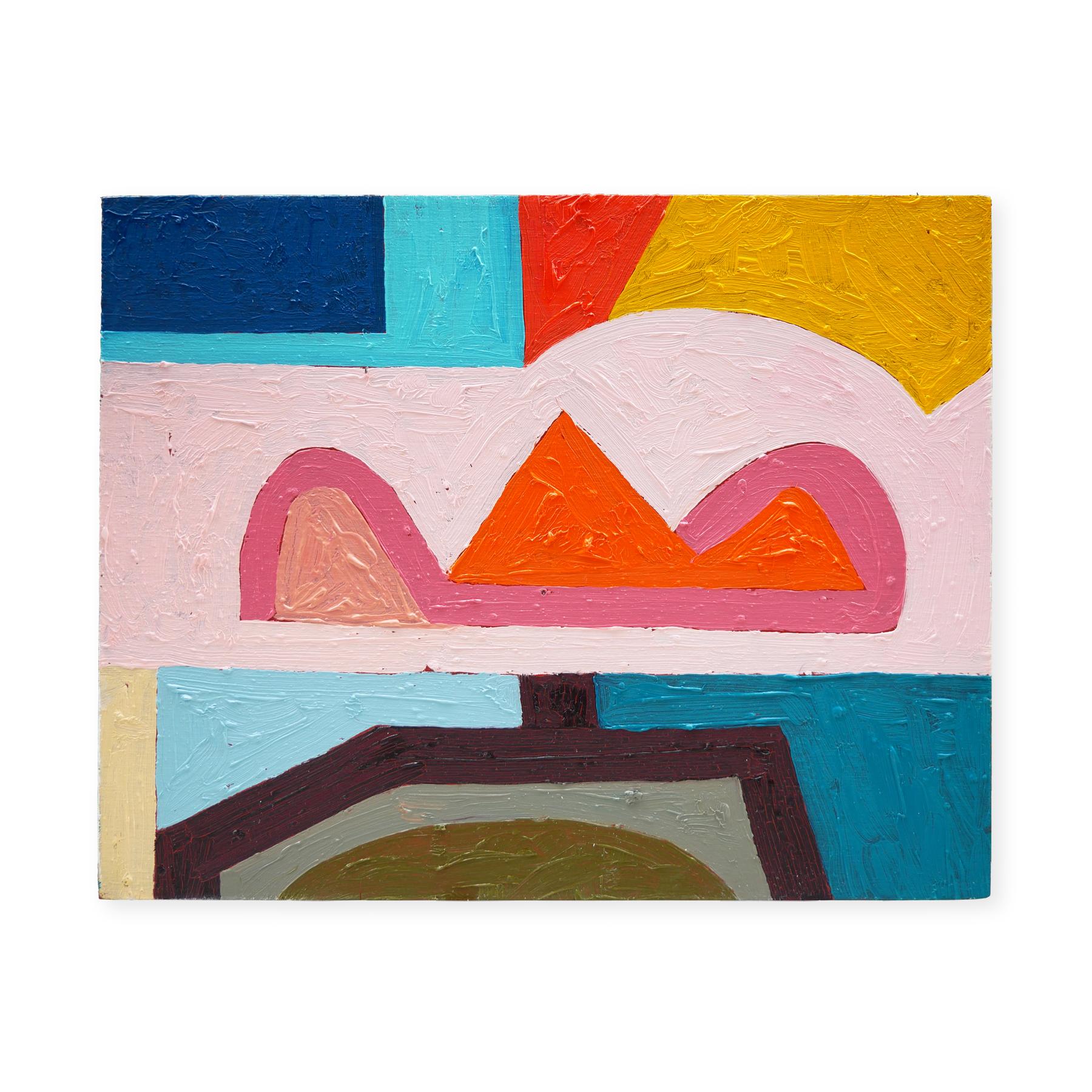 Pastel blue, pink, yellow, and red abstract contemporary painting by Houston, TX artist Peter Healy. The piece depicts geometric shapes that resembled naturalistic figures such as mountains and clouds. This painting was included in the 2022 group