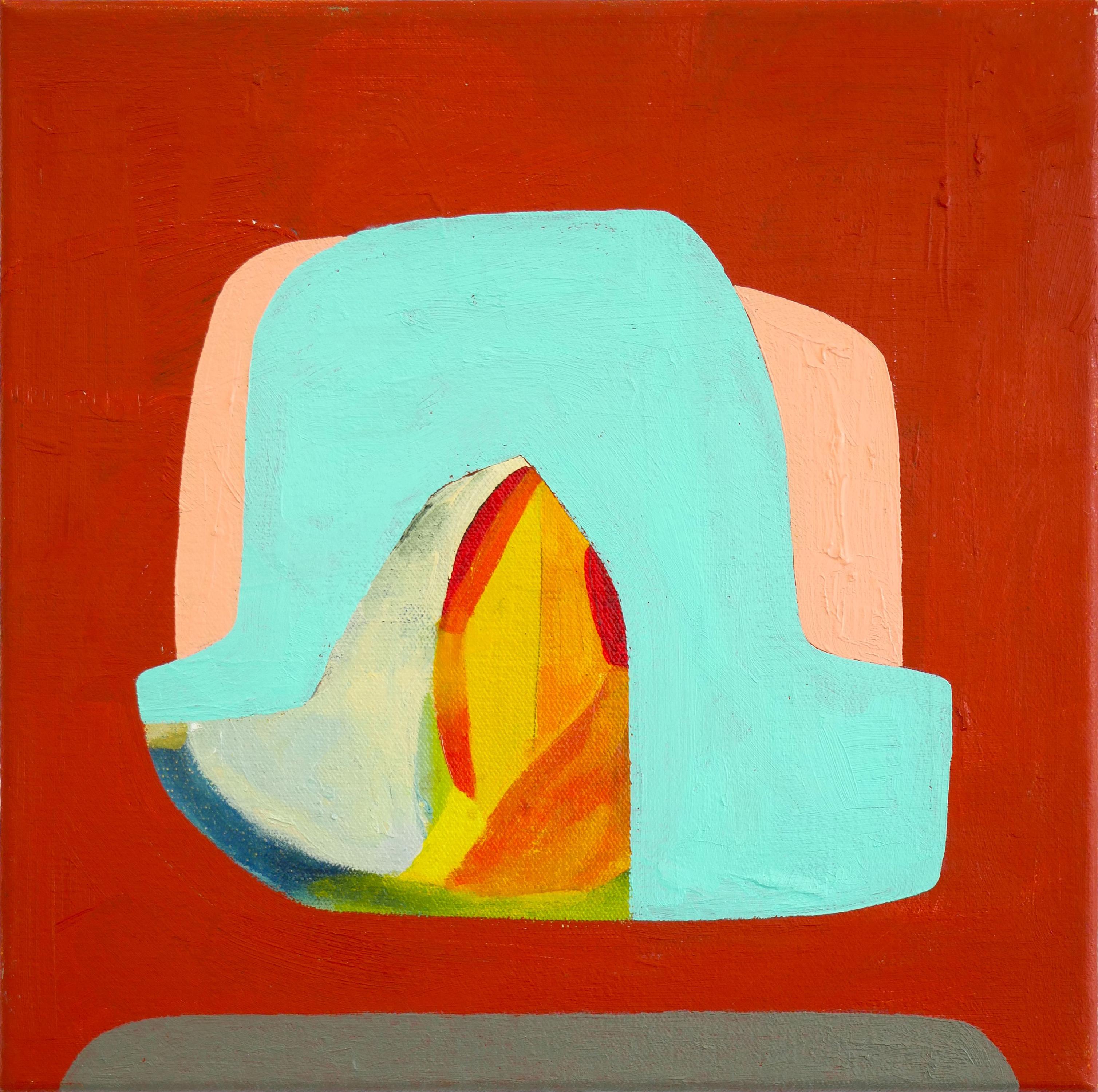 "Pool" Contemporary Colorful Red and Aqua Toned Abstract Geometric Painting - Art by Peter Healy