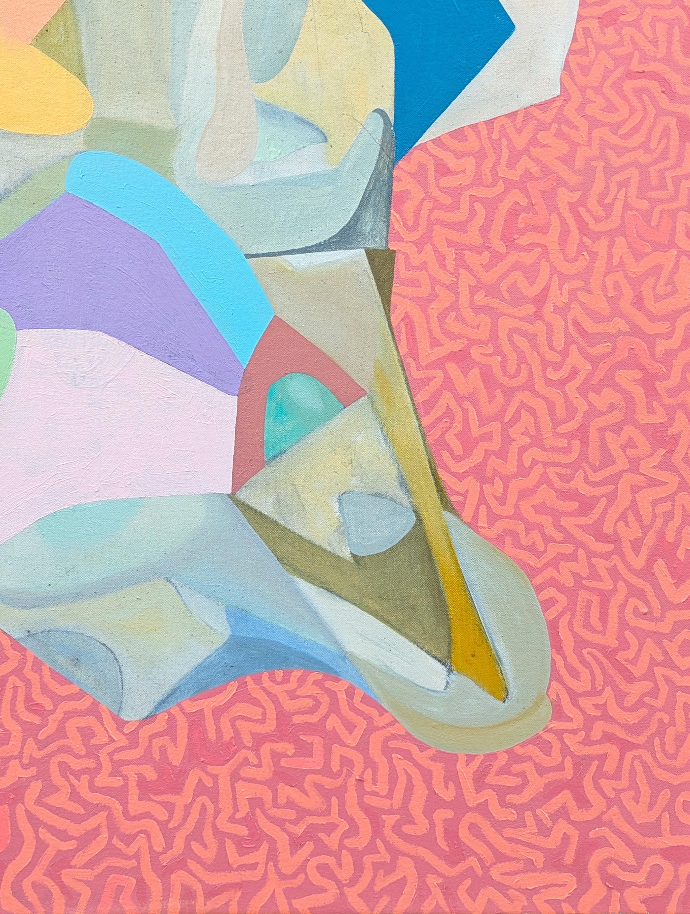 Colorato dipinto astratto geometrico dell'artista contemporaneo di Houston Peter Healy. L'opera presenta una varietà di forme intrecciate, vivaci e dure, su uno sfondo rosa. Firmato, intitolato e datato sul retro. Attualmente non è incorniciato, ma