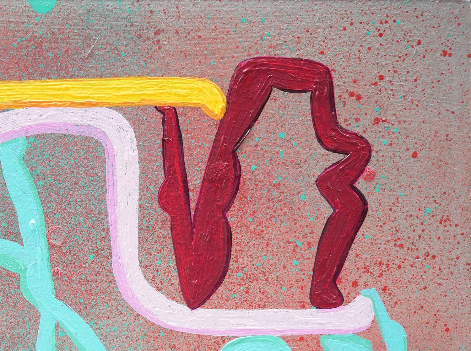 Himmelblau, rosa, gelb, kastanienbraun und rot abstrakte geometrische zeitgenössische Malerei von Peter Healy aus Houston, TX. Das Werk zeigt bunte Strichmännchen vor einem grauen und rosafarbenen Hintergrund. Dieses Gemälde wurde 2022 in der