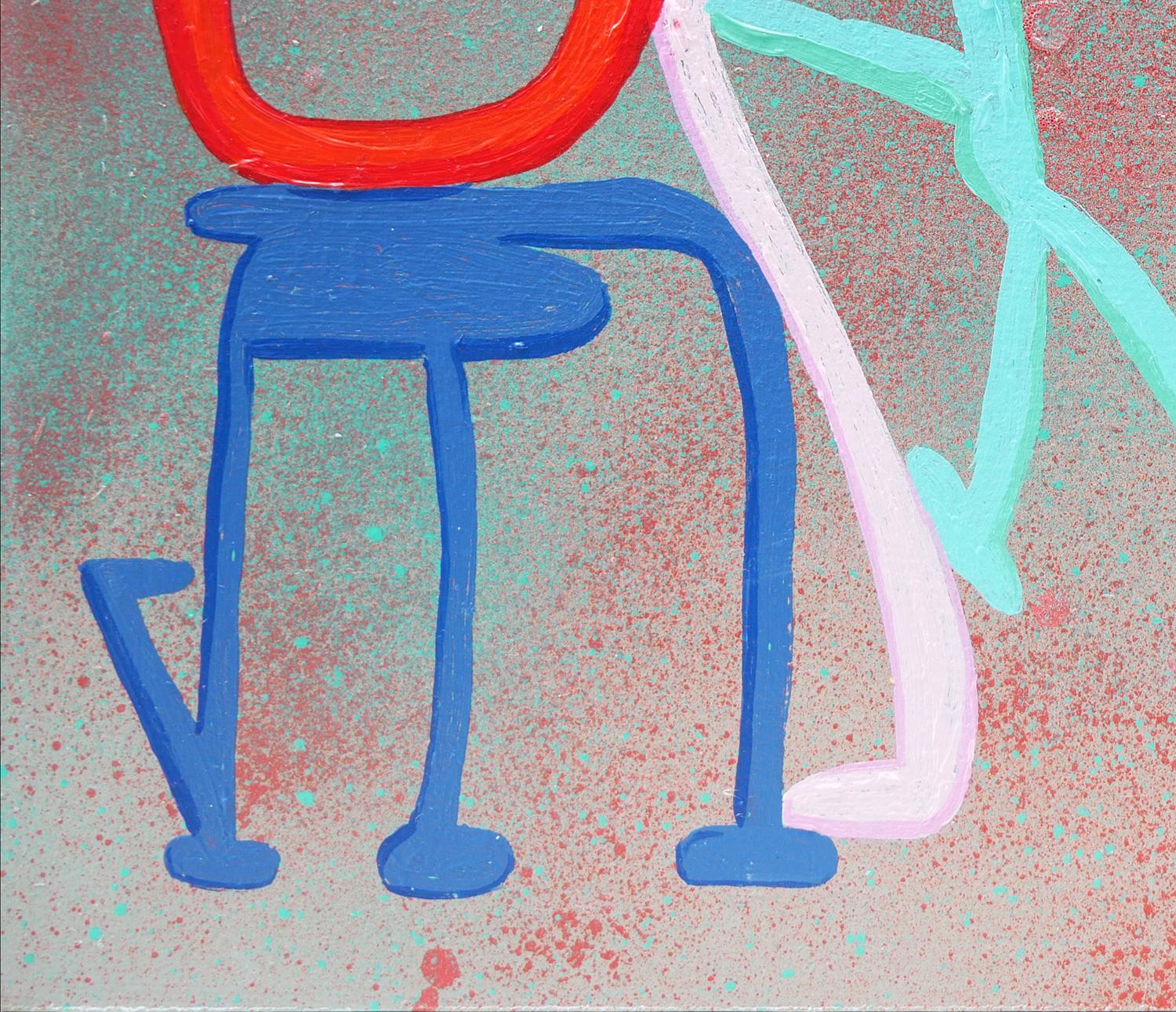 Quadro geometrico astratto contemporaneo di colore blu cielo, rosa, giallo, marrone e rosso dell'artista Peter Healy di Houston, TX. L'opera raffigura figure di bastoni colorati su uno sfondo grigio e rosa. Questo quadro è stato incluso nella mostra