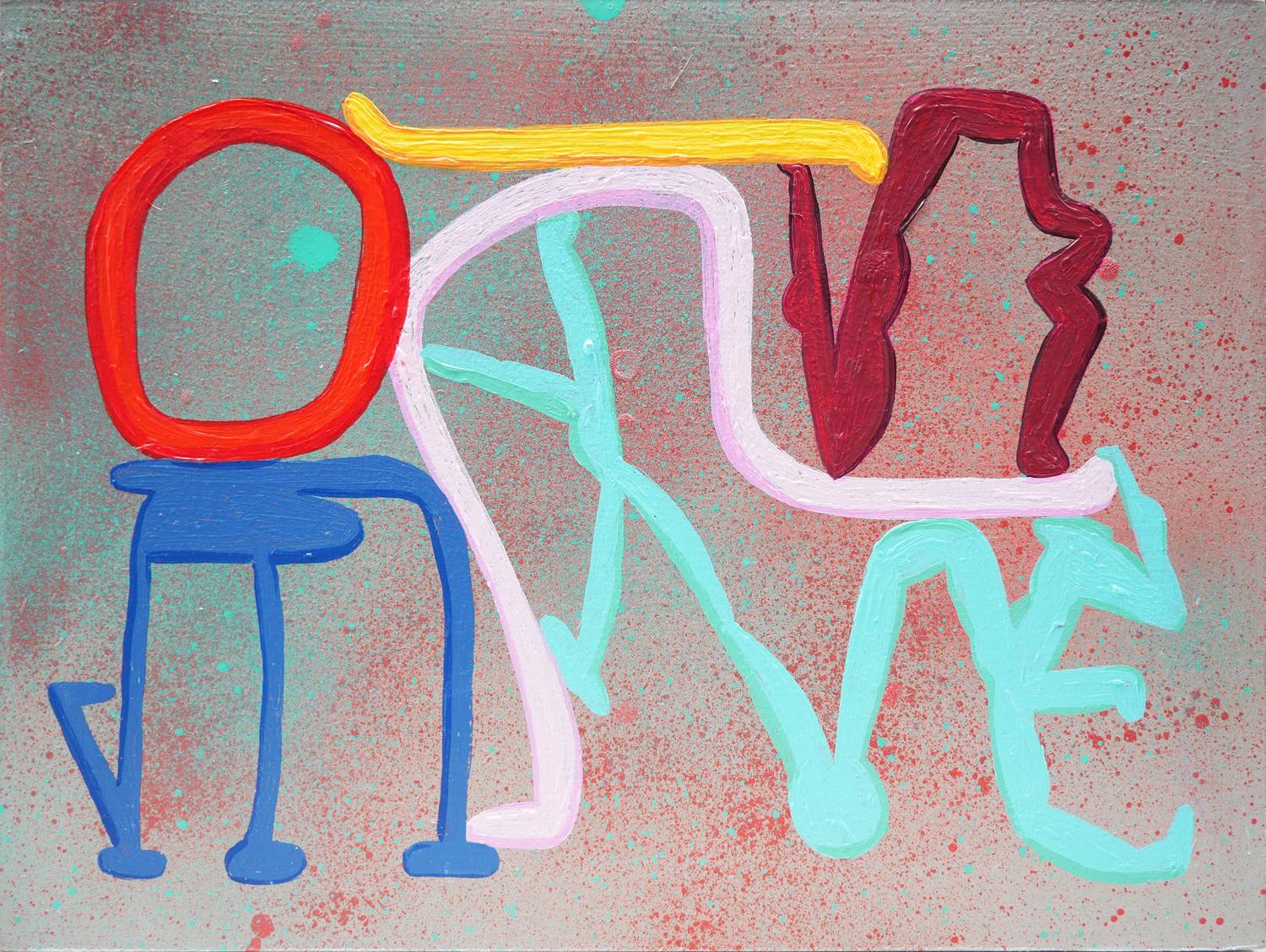 Peter Healy Abstract Painting – Abstraktes zeitgenössisches Gemälde „Standing Ovation“ in Blau, Rosa, Rot und Grau