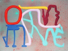 "Standing Ovation" Pintura abstracta contemporánea azul, rosa, roja y gris
