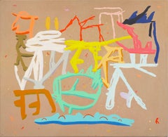 Buntes pastellfarbenes zeitgenössisches abstraktes Gemälde „Supporting Cast 1“