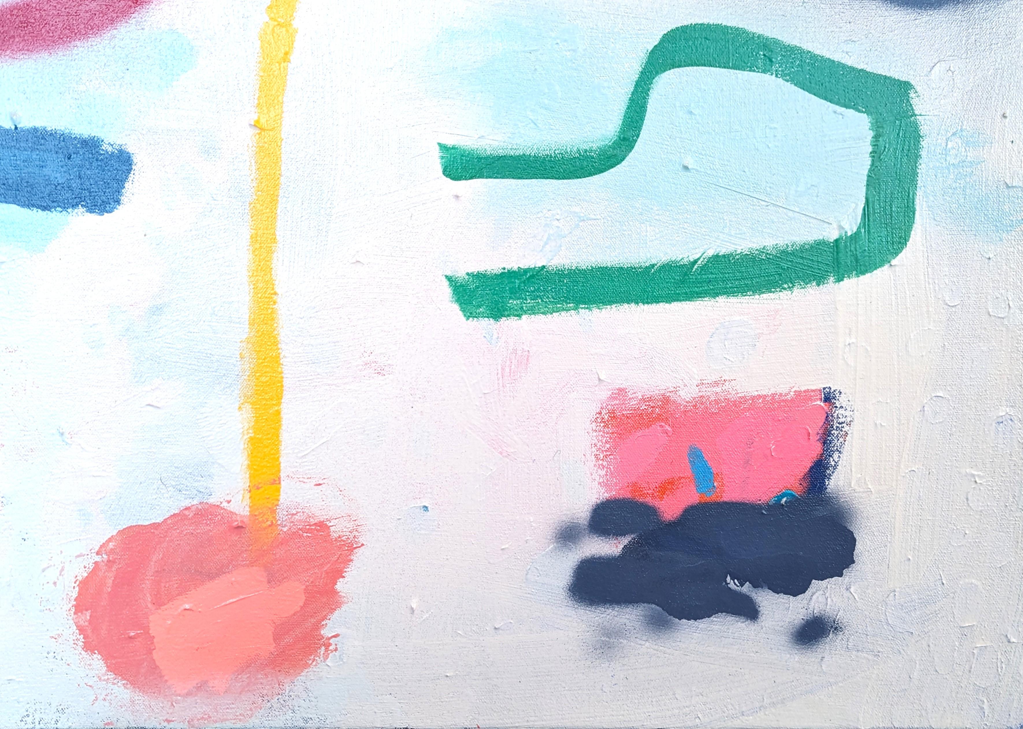 Colorato dipinto astratto dell'artista contemporaneo di Houston Peter Healy. L'opera è caratterizzata da una varietà di forme intrecciate, vibranti e dure. Firmato, intitolato e datato sul retro. Attualmente non è incorniciato, ma sono disponibili