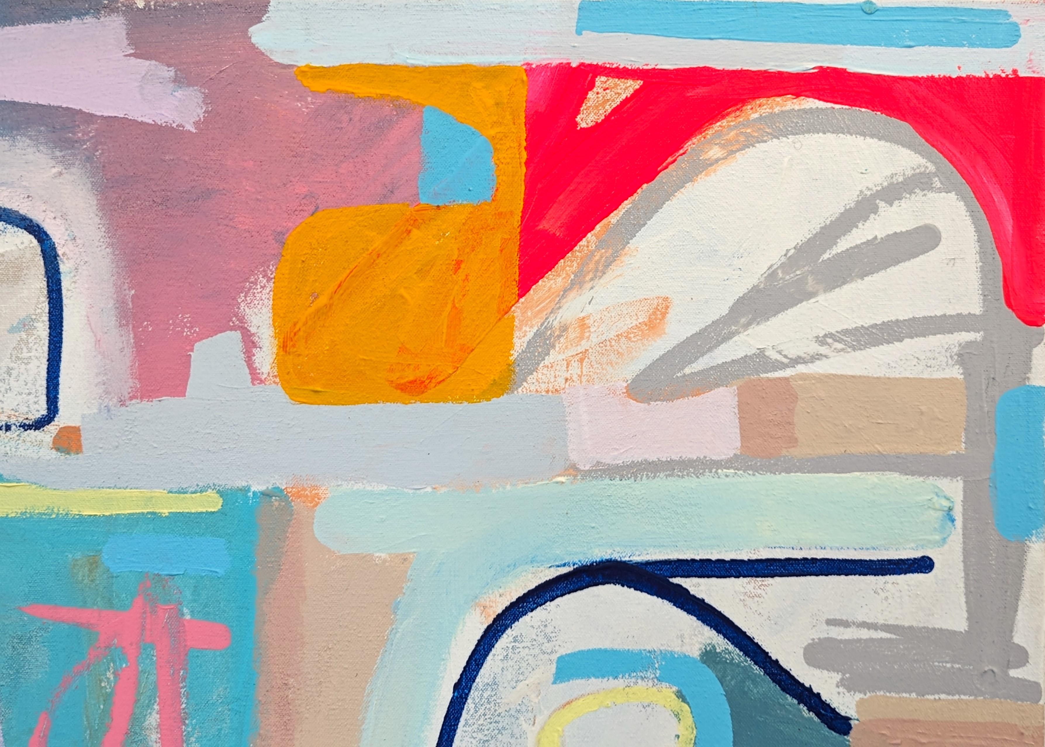 Colorato dipinto astratto dell'artista contemporaneo di Houston Peter Healy. L'opera è caratterizzata da una varietà di forme intrecciate, vibranti e dure. Firmato, intitolato e datato sul retro. Attualmente non è incorniciato, ma sono disponibili