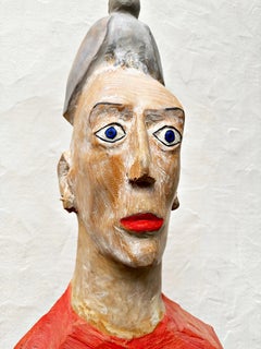 Peter Hermann, Wood Sculpture "Man In Red With Bird, 1998" Contemporary