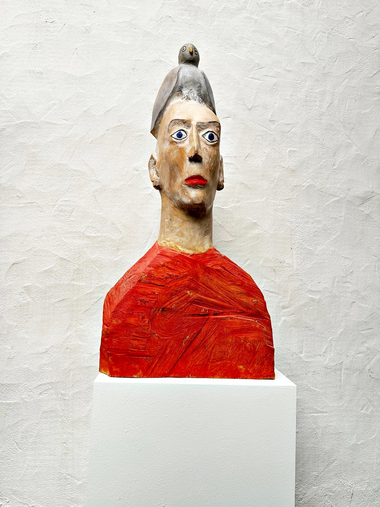 Peter Hermann, Wood Sculpture "Man In Red With Bird, 1998" Contemporary