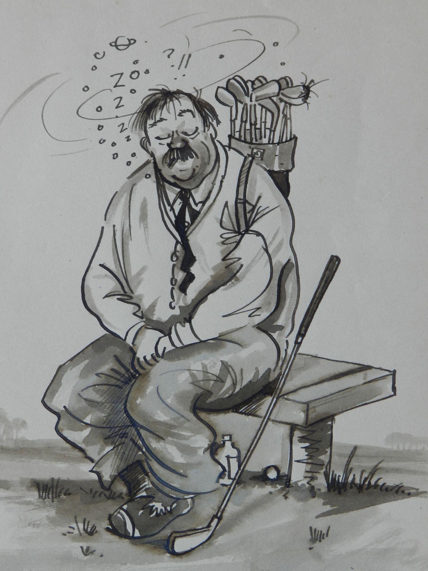 Betrunkener Golfer von Peter Hobbs Golf Originalgemälde Karikatur um 1950 im Angebot 3