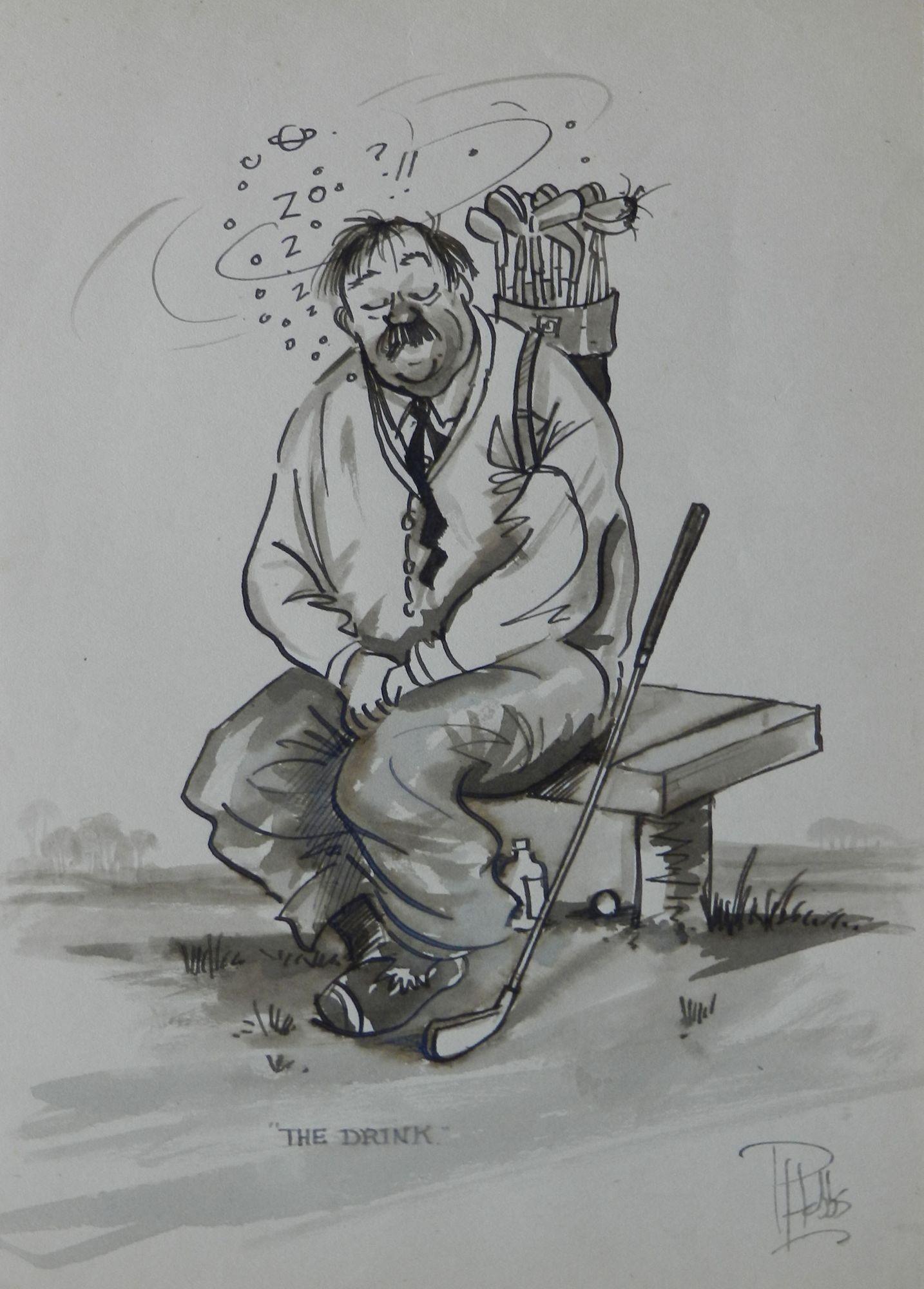 Betrunkener Golfer von Peter Hobbs Golf Originalgemälde Karikatur um 1950
Amüsante Original-Skizze Karikatur eines Golfers
Das Getränk
Fertig zum Einrahmen
Aus einer Serie von Golfkarikaturen des britischen Künstlers Peter Hobbs, 1930-1994.
Peter