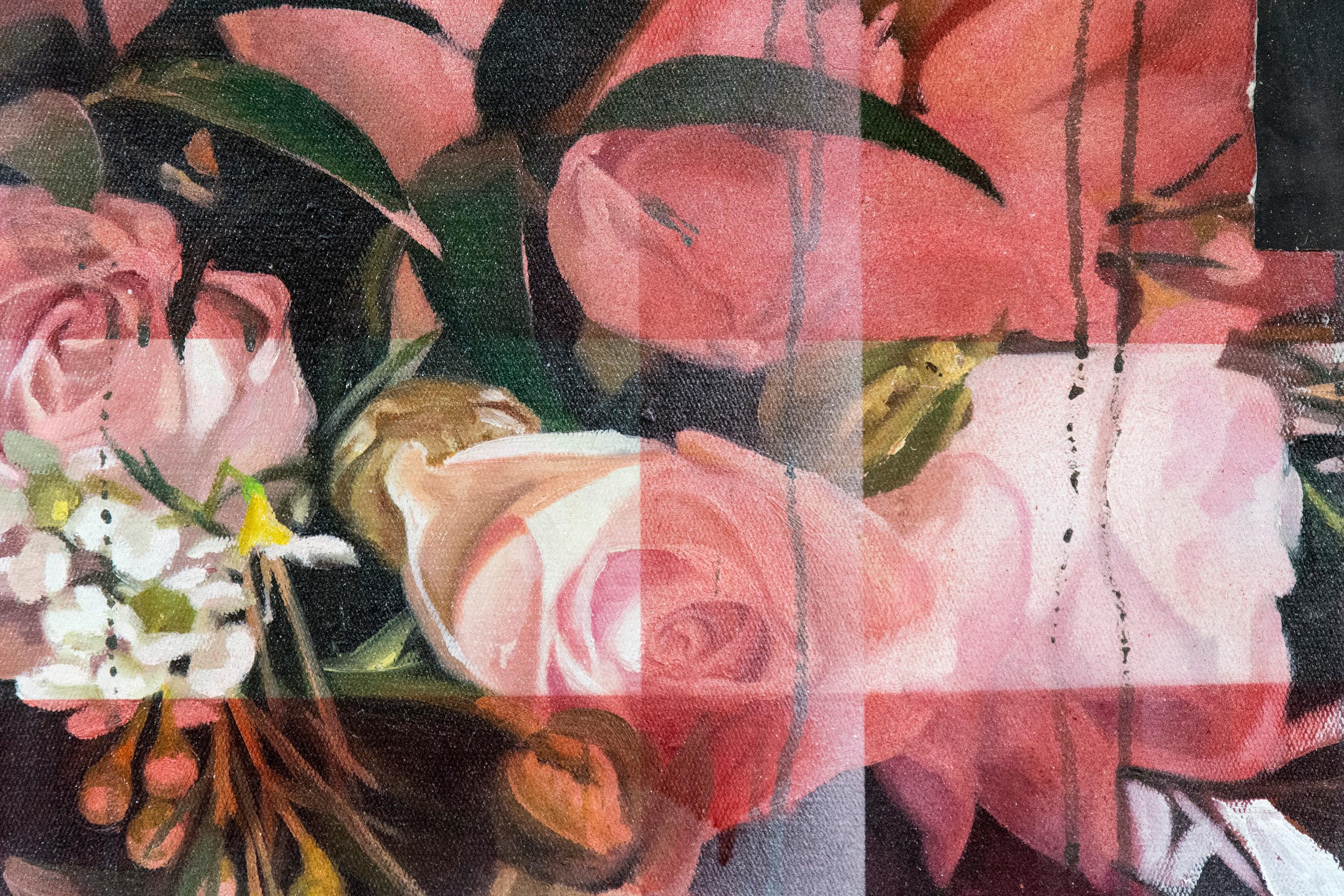 Rendered realistically in red, pink and green, an arrangement of roses is juxtaposed with provocative collage. This mixed media image by Peter Hoffer incorporates a rich assortment of vintage newspaper clippings and wallpaper with vivid passages of