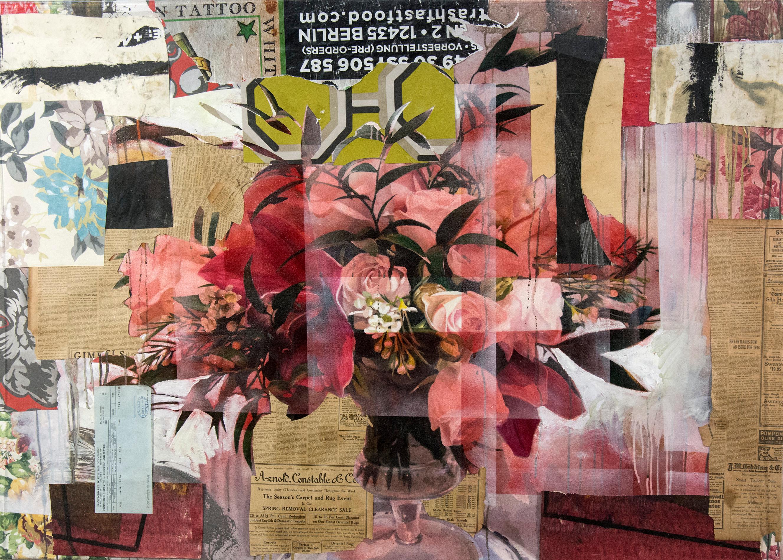 Arrangement in Red - acrylic, vintage paper, floral collage in plexiglass - Mixed Media Art by Peter Hoffer