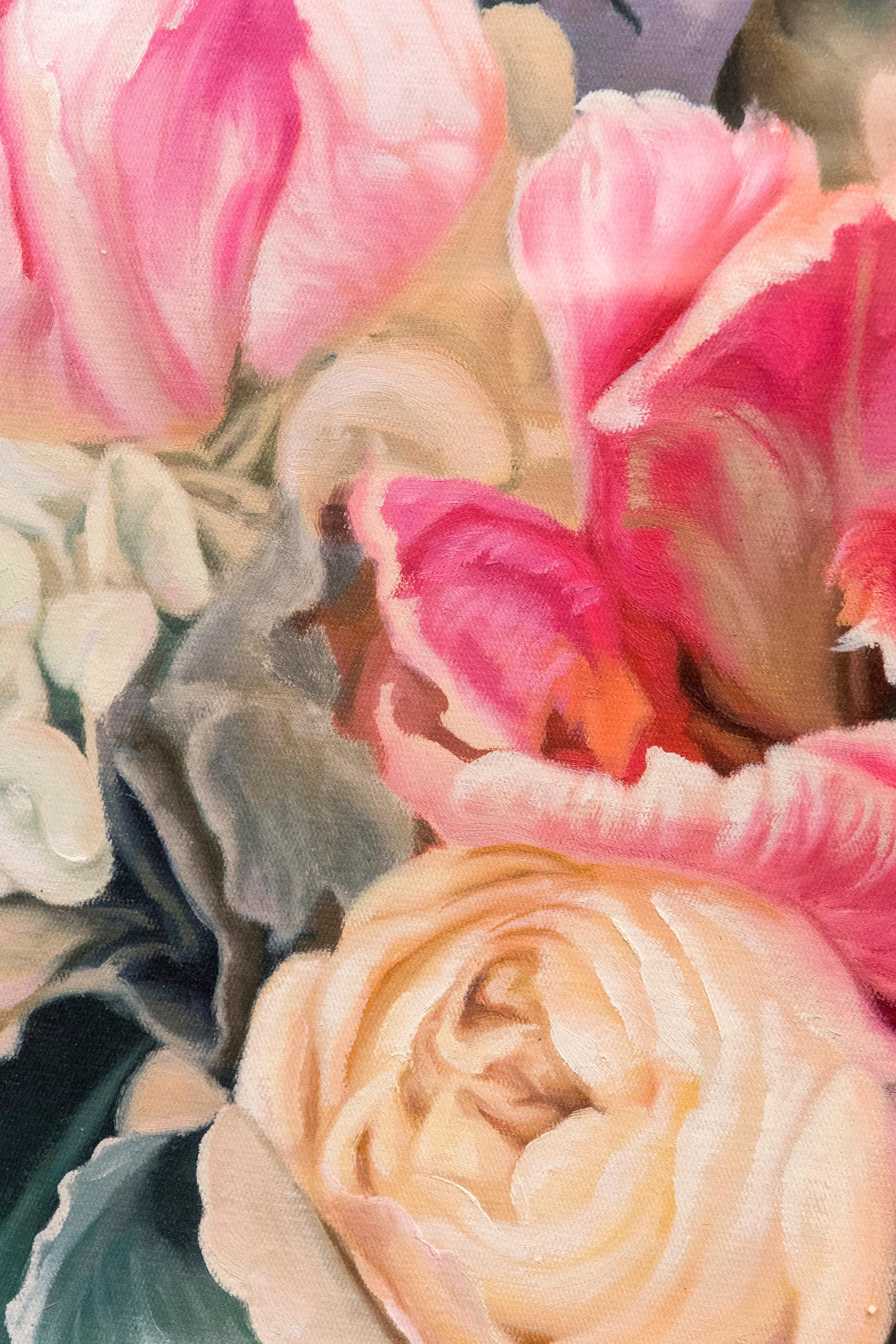 Rendered realistically in shades of pink and green, an arrangement of roses is juxtaposed with collage. This mixed media composition by Peter Hoffer incorporates a rich assortment of vintage wallpaper with passages of acrylic. The work is encased in