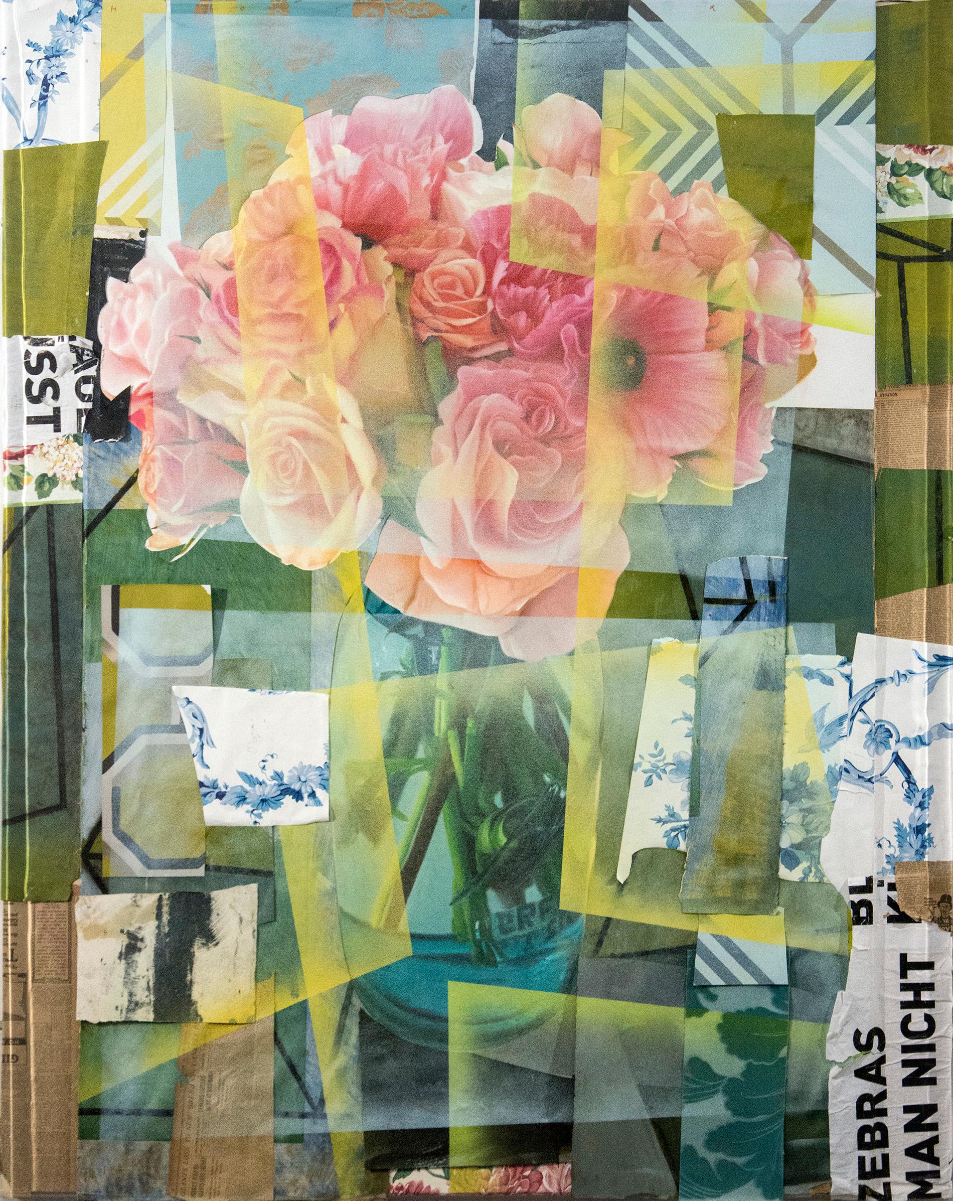 Arrangement With Pink Roses - acrylic, vintage paper, collage in plexiglass
