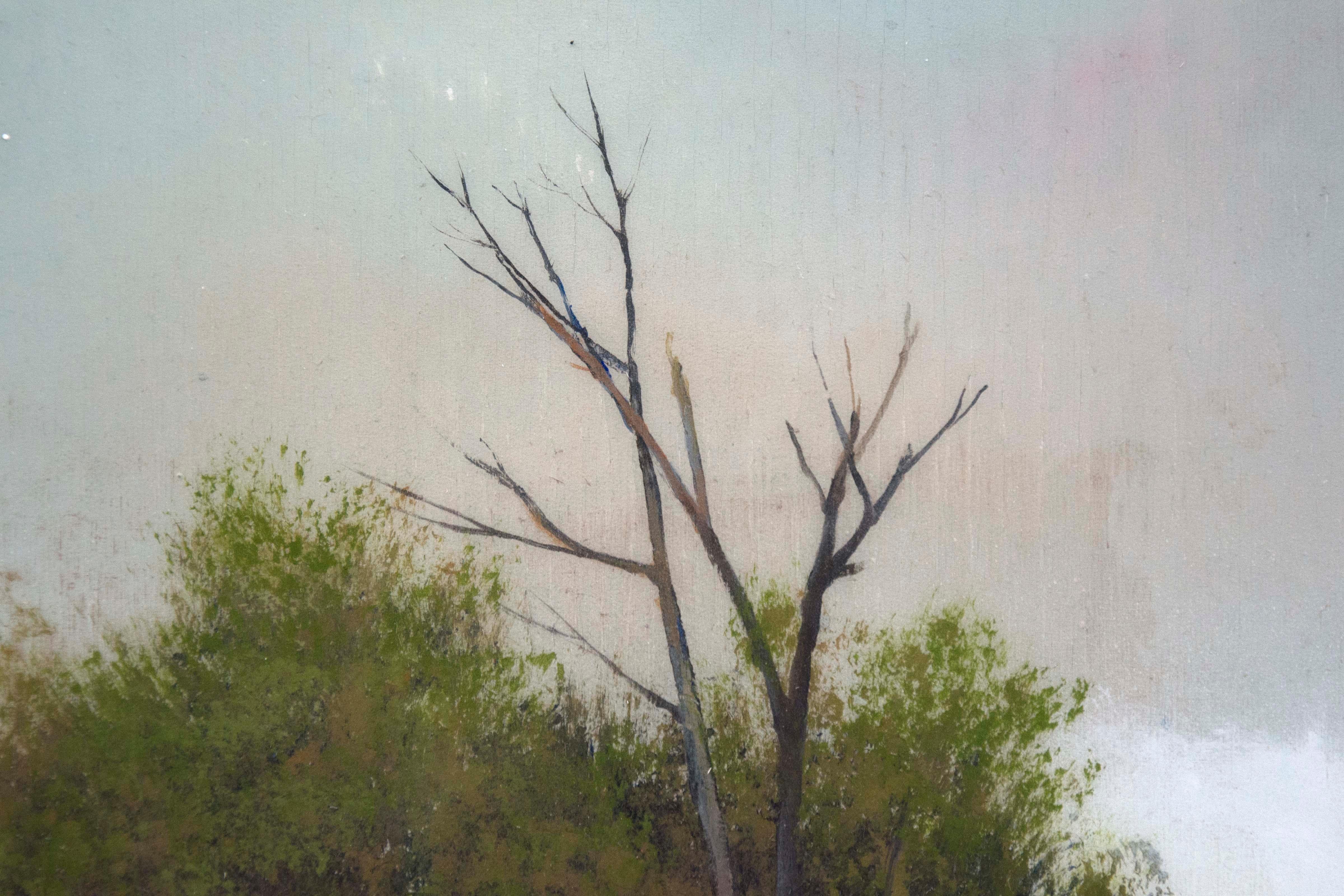 Assemblaggio - morbido, paesaggio, foresta, contemporaneo, acrilico e resina su pannello - Landscape Painting Grigio di Peter Hoffer