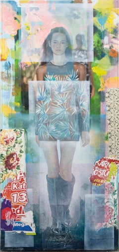 Azzaro - large, fashion female model, paper, oil, acrylic, collage in plexiglass