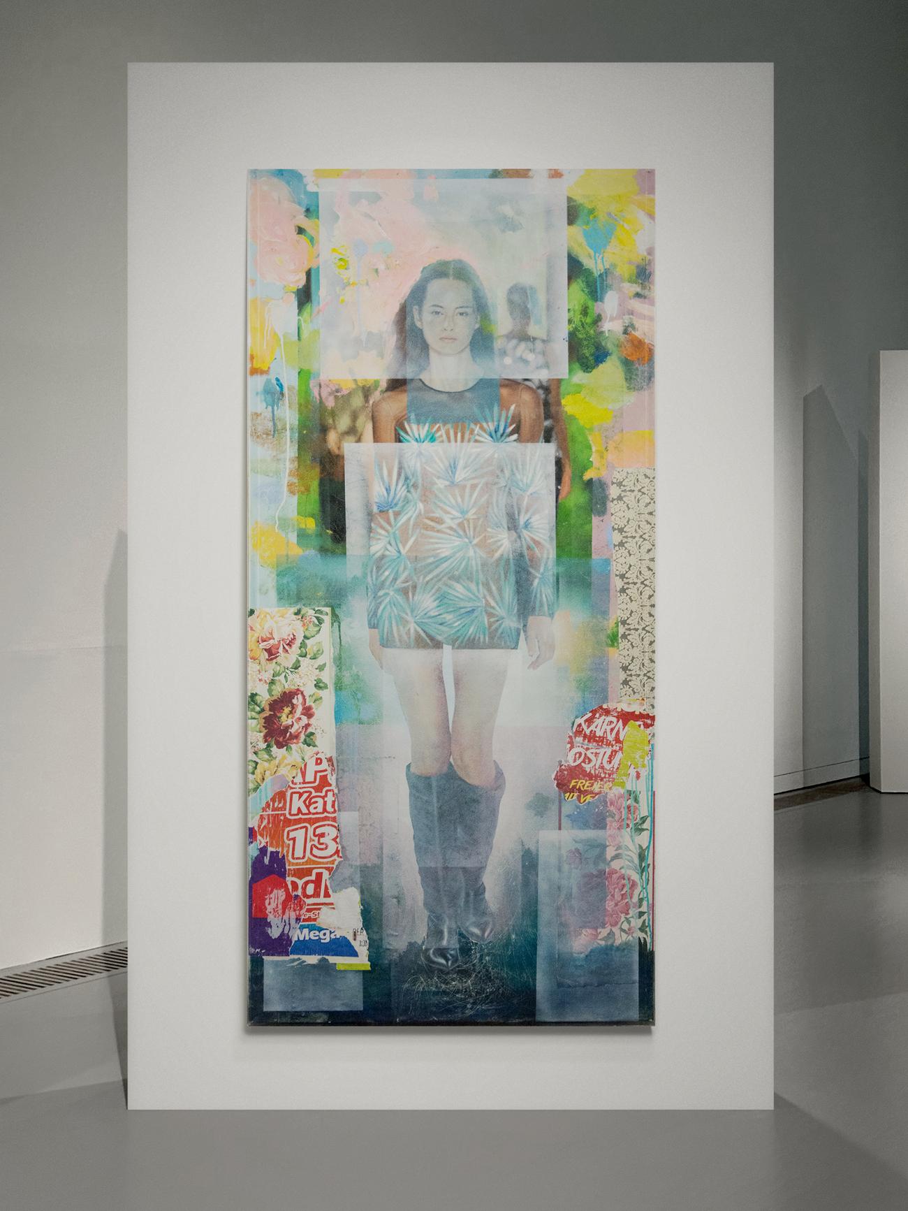 Azzaro - large, fashion female model, paper, oil, acrylic, collage in plexiglass - Blue Figurative Painting by Peter Hoffer