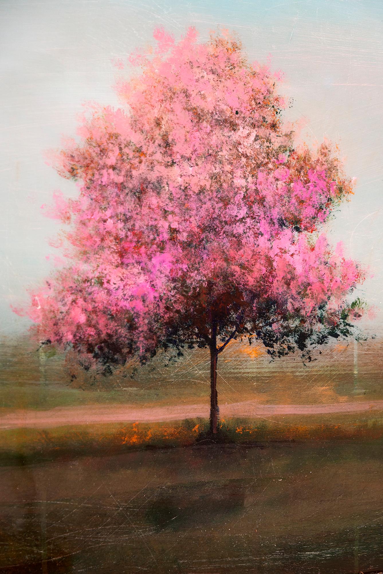 Bourgogne - contemporáneo, paisaje, árbol, acrílico y resina sobre panel - Figurative Painting Azul de Peter Hoffer