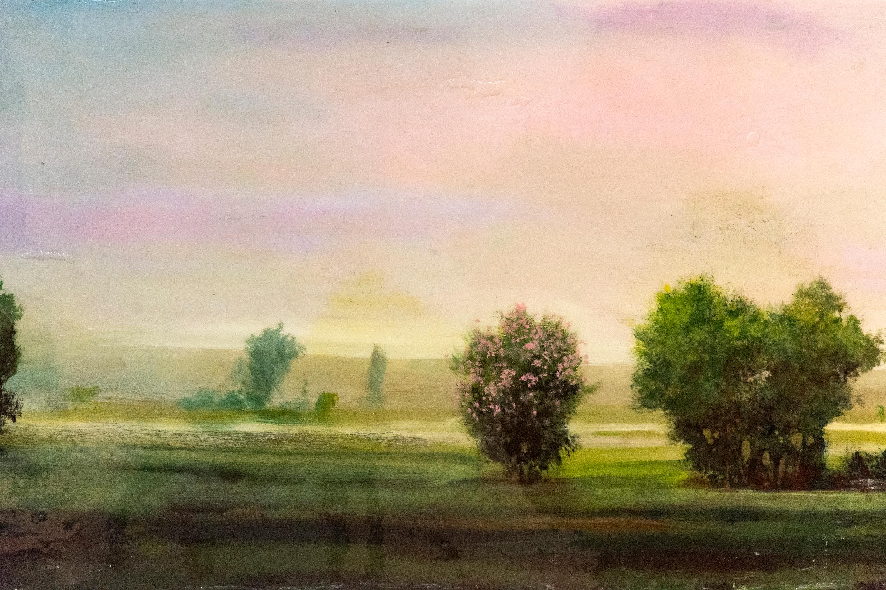 Peter Hoffer’s landscapes are ethereal, exquisite and masterful. The Canadian artist’s work has often been compared to the paintings rendered by the famed British artist, John Constable. This horizontal view of a pastoral countryside setting has his