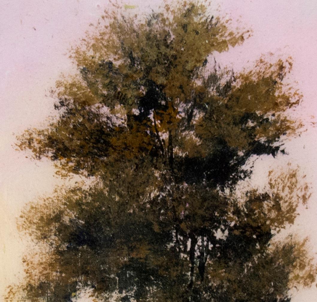 A single leafy tree top on a slender trunk and set against a creamy lemon yellow sky on a small panel is paired with another unique painting of a slightly fuller tree on a light pink ground. These intimate and jewel like paintings that are finished