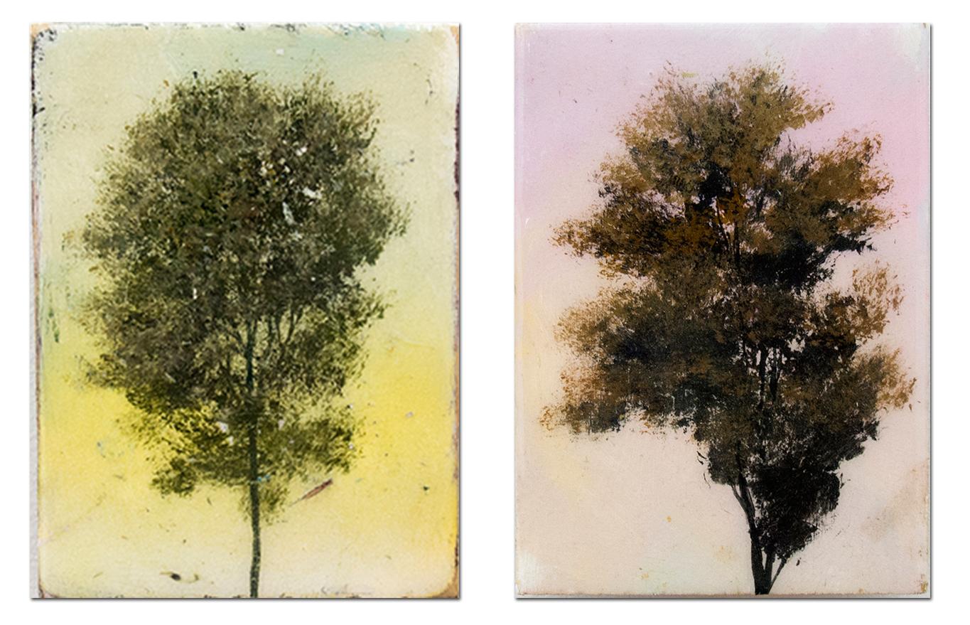 Cameo Pair - small, diptych, colourful, trees, resined, acrylic, oil, on panel - Mixed Media Art by Peter Hoffer