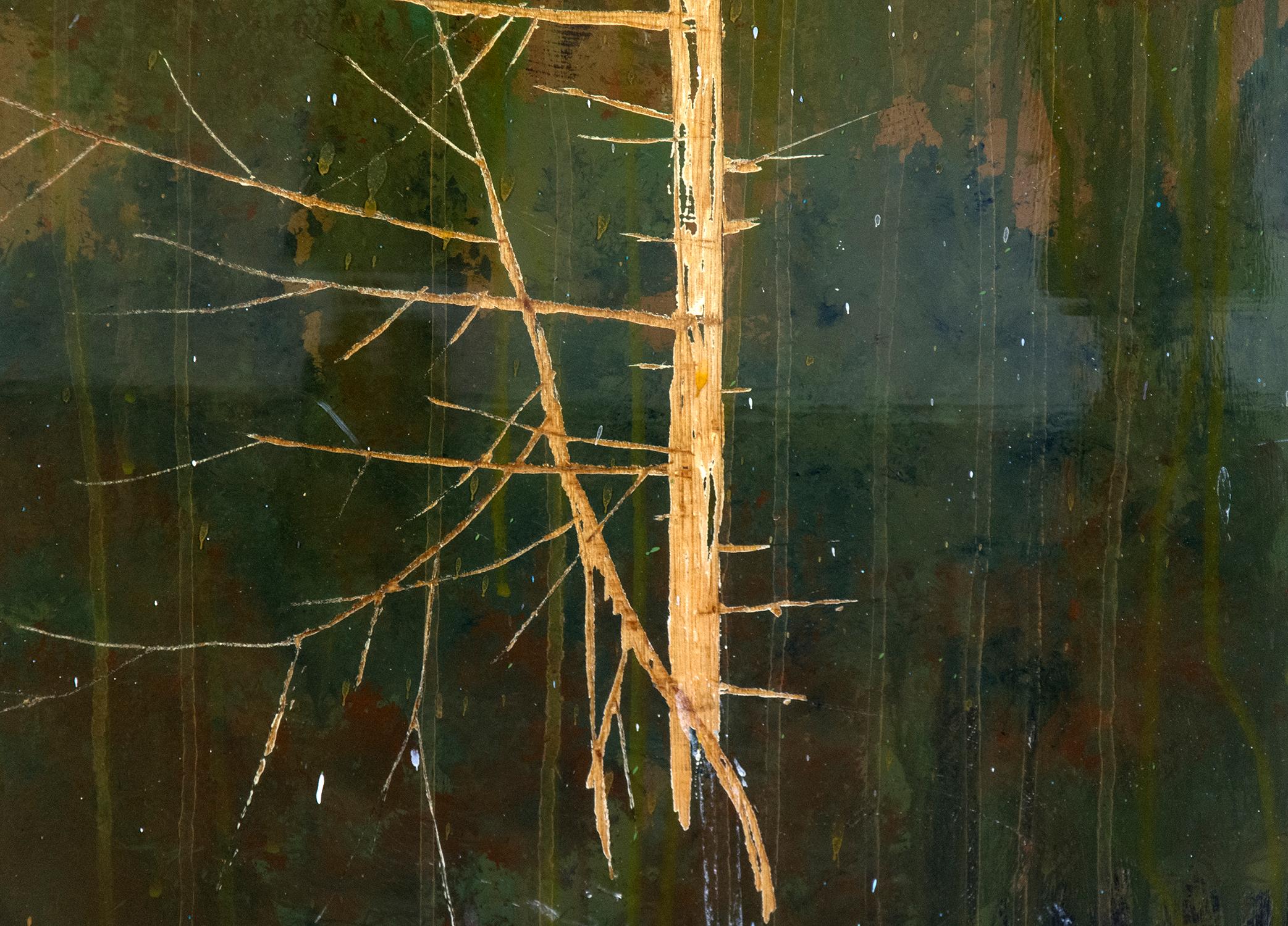 The pale silhouette of a bare tree stands iconically against a forested backdrop in this painting by Peter Hoffer. The portrait of this tree, its branches like fine thread, is carved through the painted surface and into the wood panel. The surface