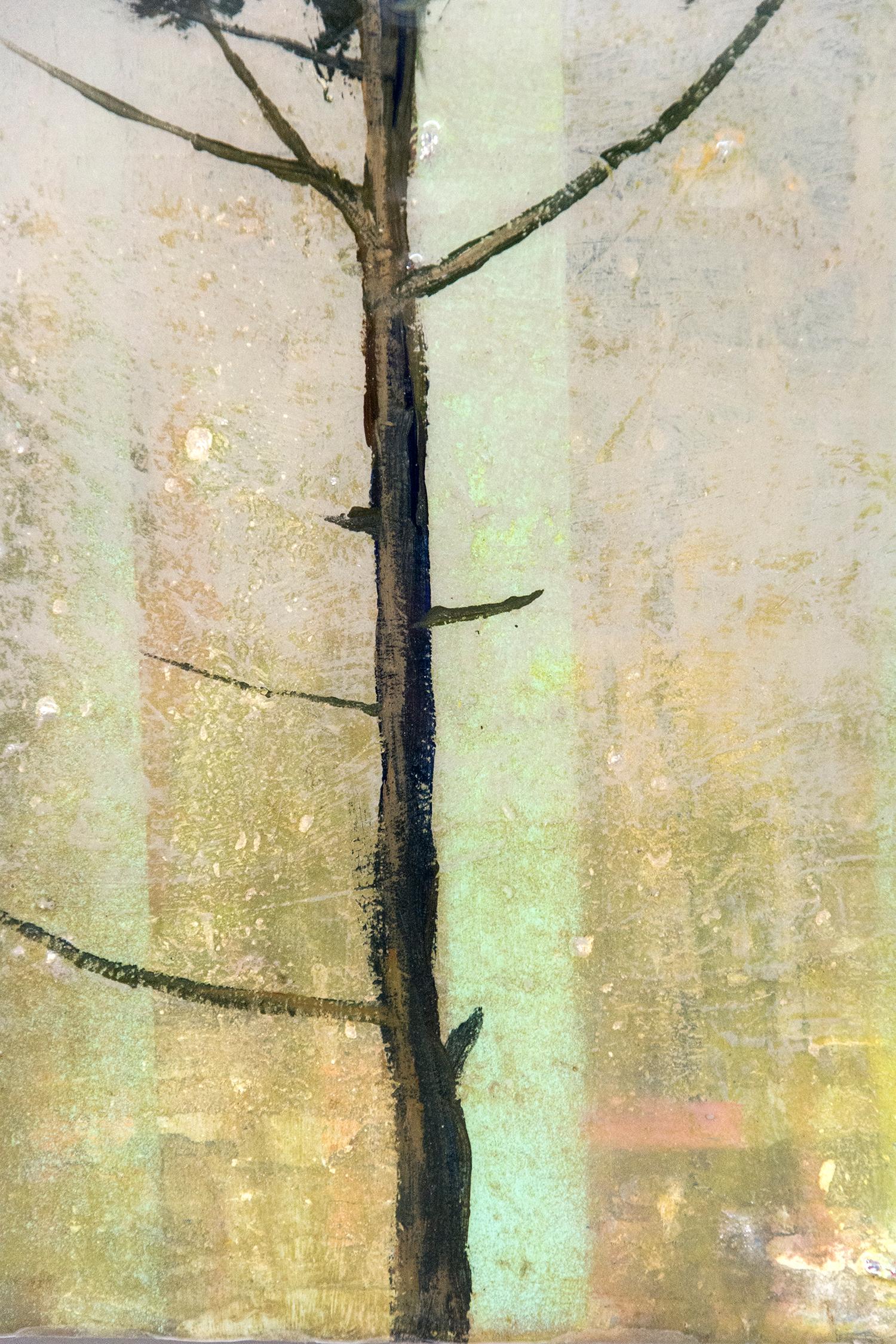Cedar - gold, pink, blue, tree, impressionist, resined, acrylic, resin on panel - Painting by Peter Hoffer