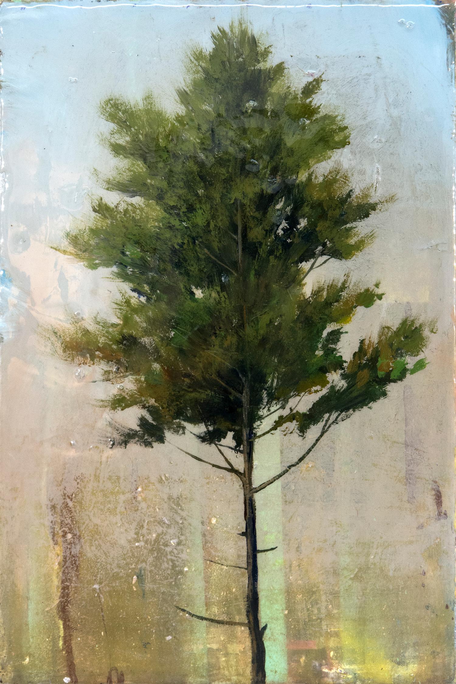 Peter Hoffer Landscape Painting - Cedar - gold, pink, blue, tree, impressionist, resined, acrylic, resin on panel
