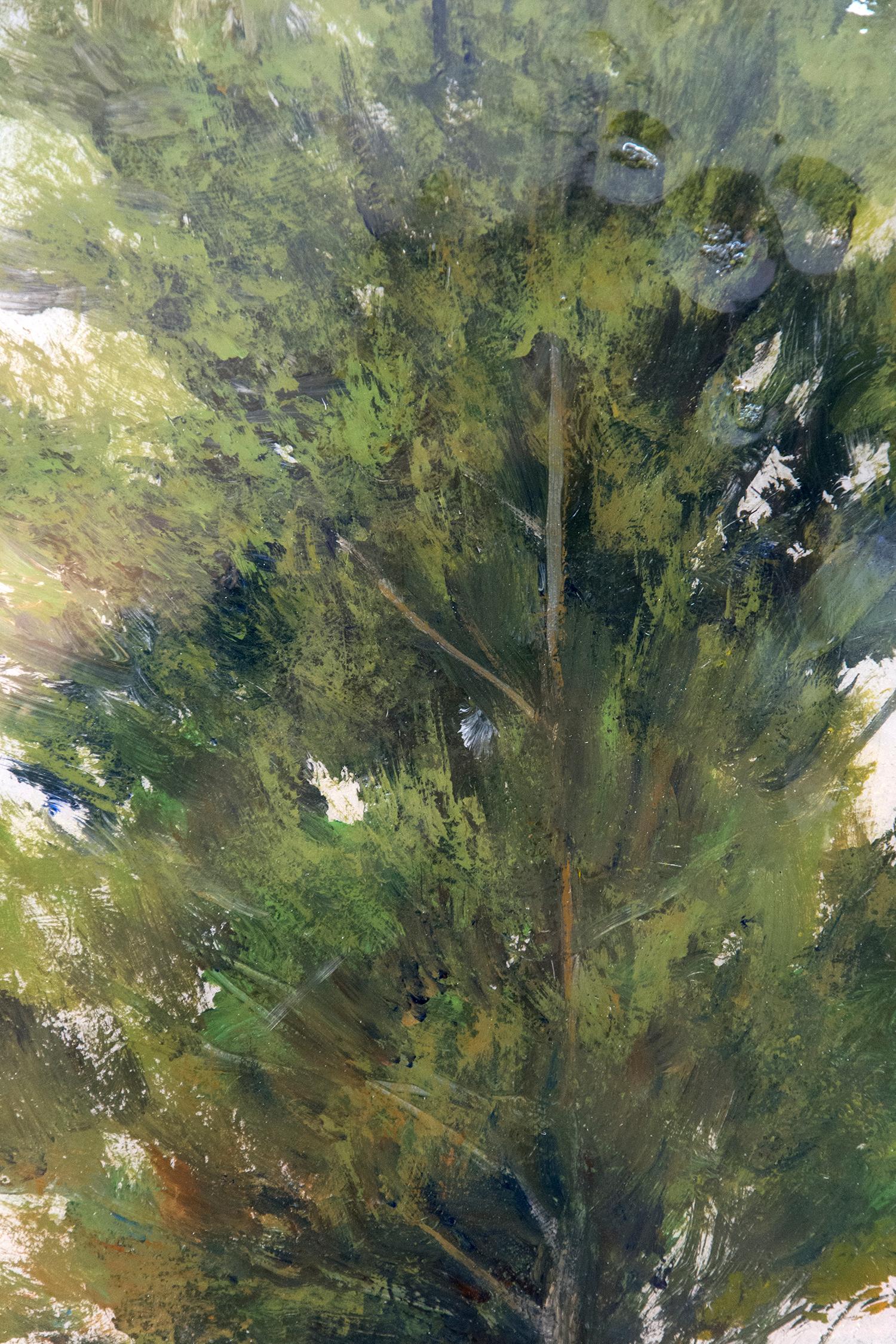 Cedar - gold, pink, blue, tree, impressionist, acrylic and resin on panel - Contemporary Painting by Peter Hoffer