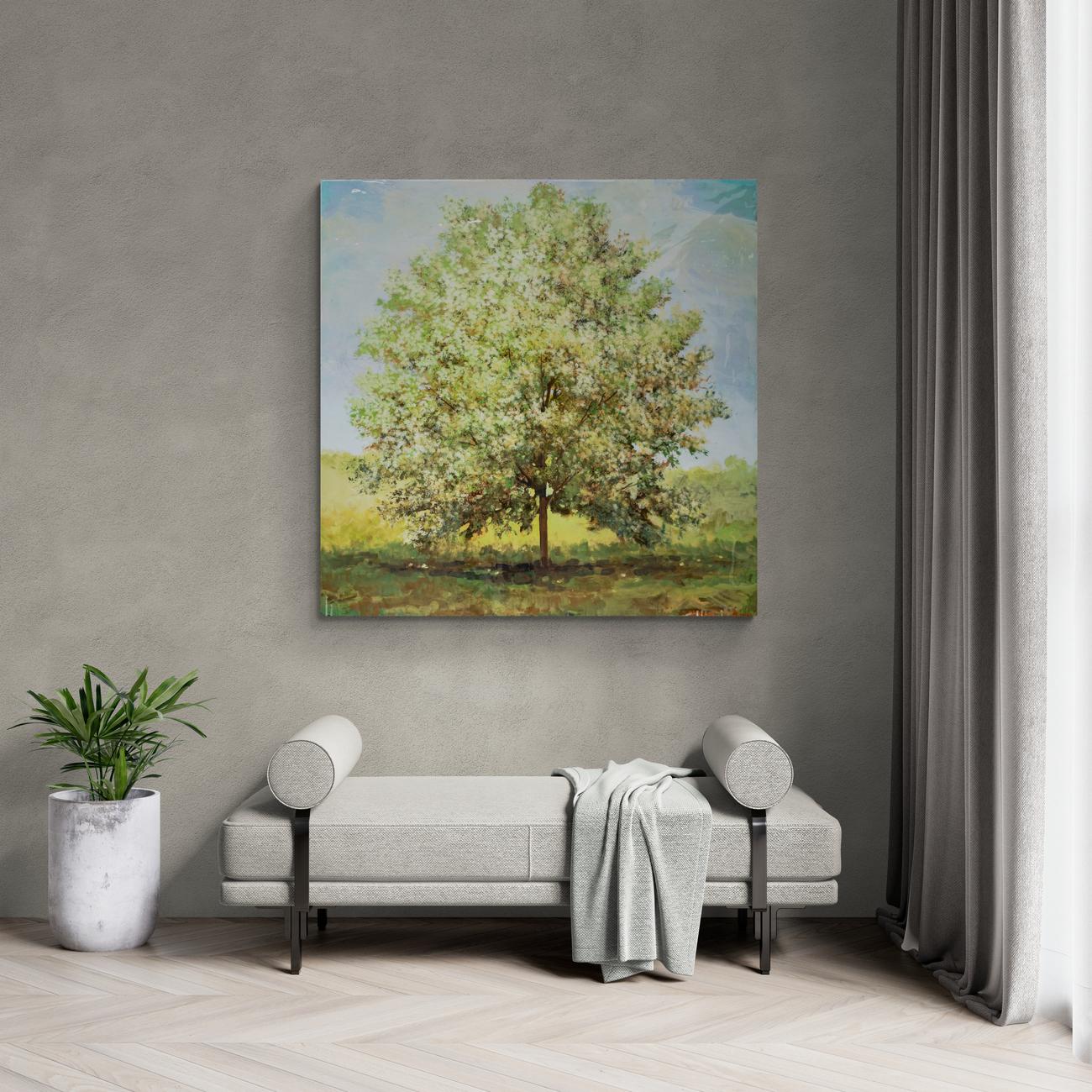 Castaño - contemporáneo, paisaje, árbol, figurativo, acrílico y resina sobre panel en venta 9