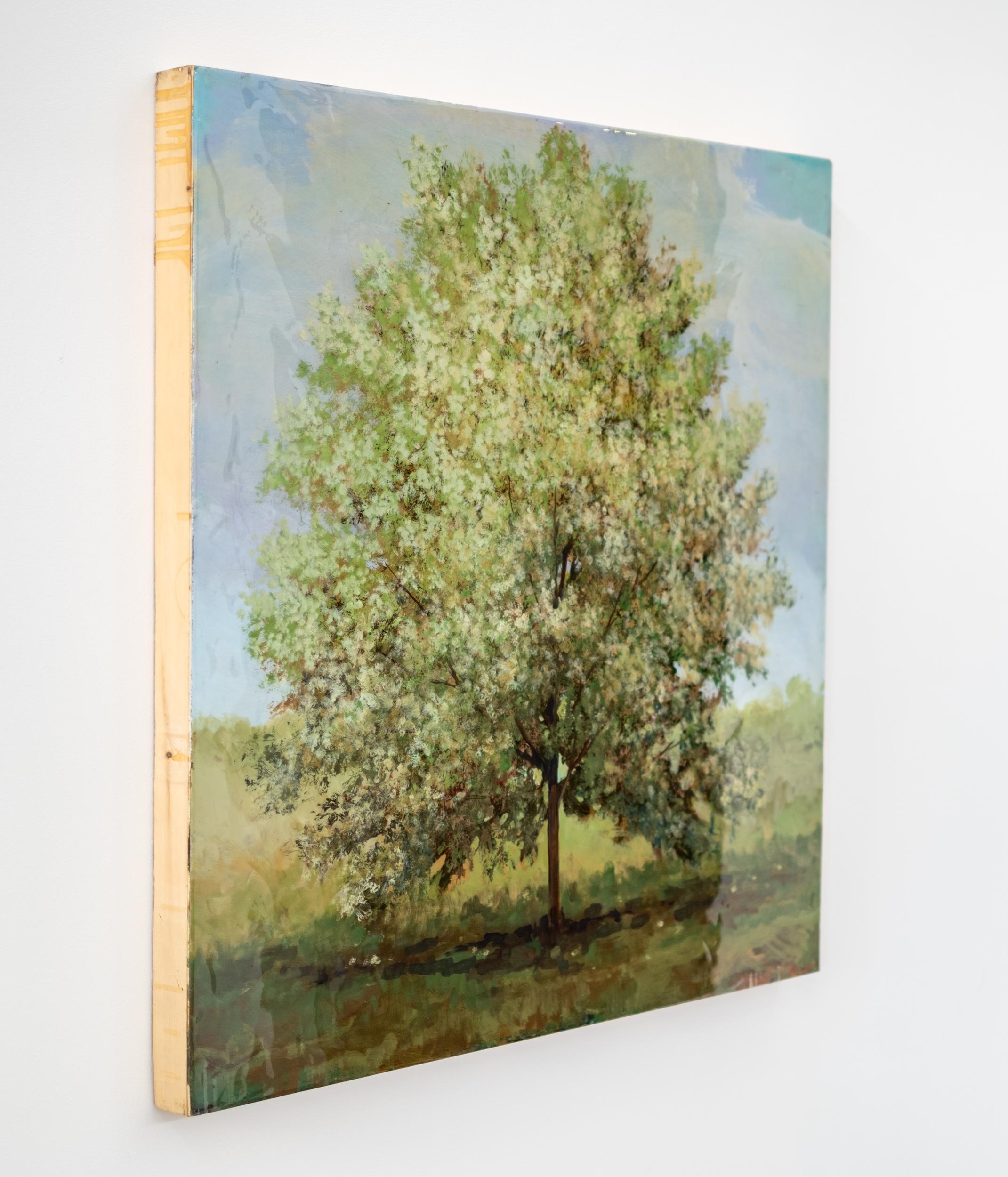 Castaño - contemporáneo, paisaje, árbol, figurativo, acrílico y resina sobre panel - Landscape Painting Marrón de Peter Hoffer