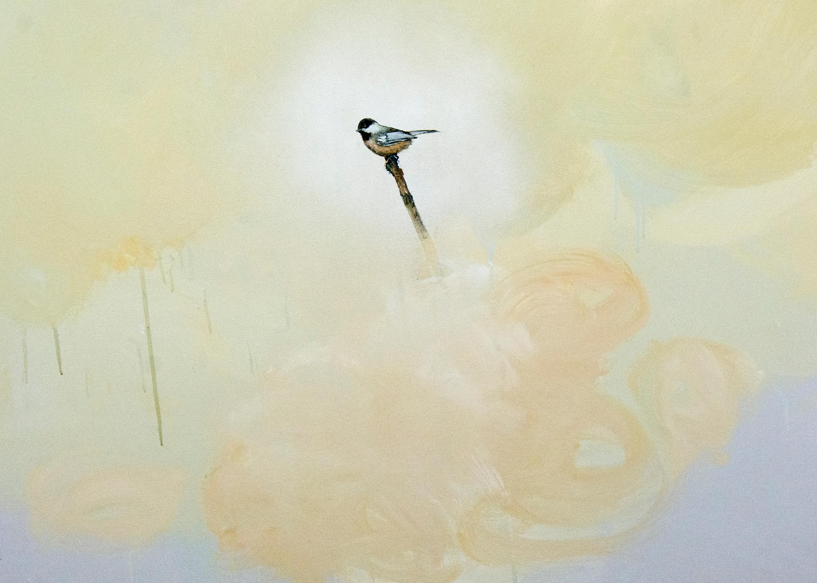 Chickadee I - soft, yellow, blue, bird, acrylic and clay pigment on canvas - Contemporary Mixed Media Art by Peter Hoffer