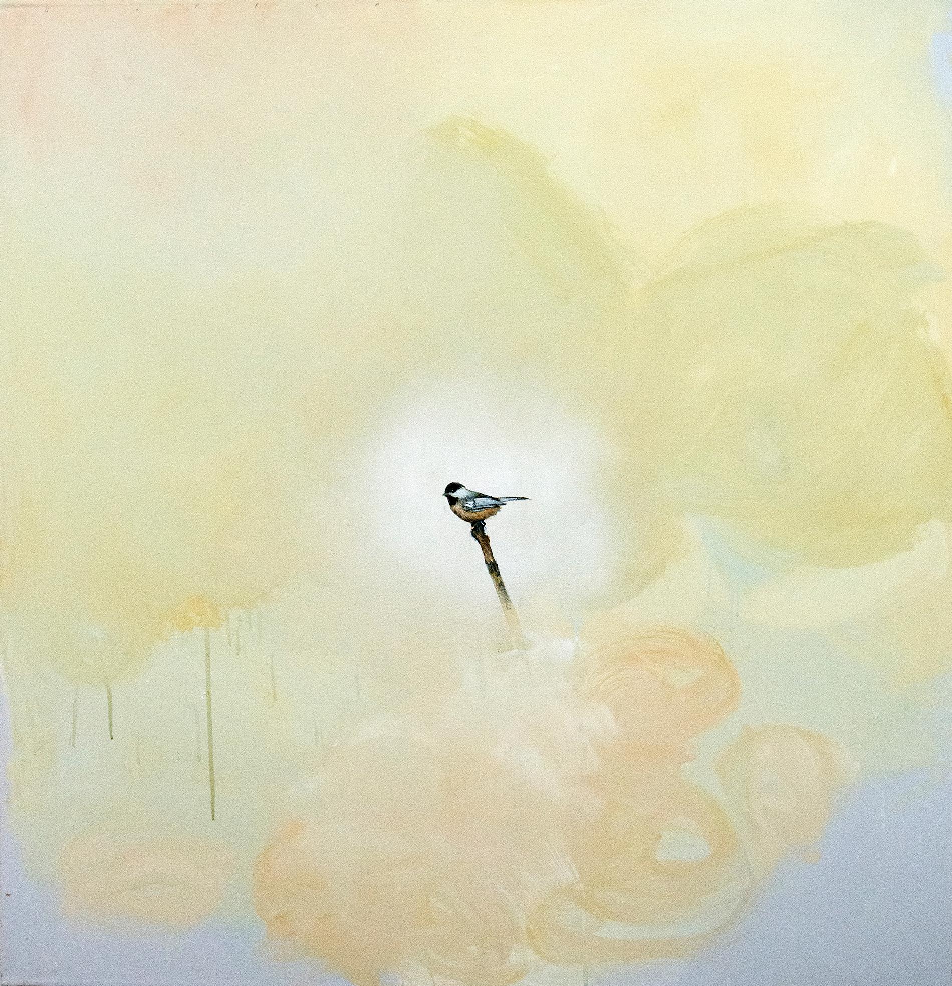 Chickadee I - soft, yellow, blue, bird, acrylic and clay pigment on canvas - Mixed Media Art by Peter Hoffer