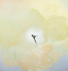 Chickadee I - soft, yellow, blue, bird, acrylic and clay pigment on canvas