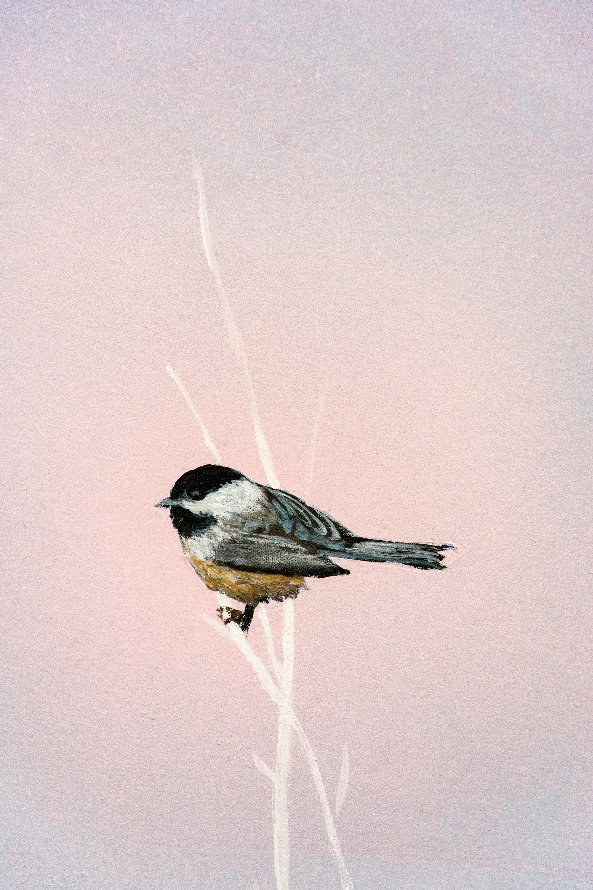 Chickadee II - soft, blue, lilac, bird, acrylic and clay pigment on canvas - Painting by Peter Hoffer