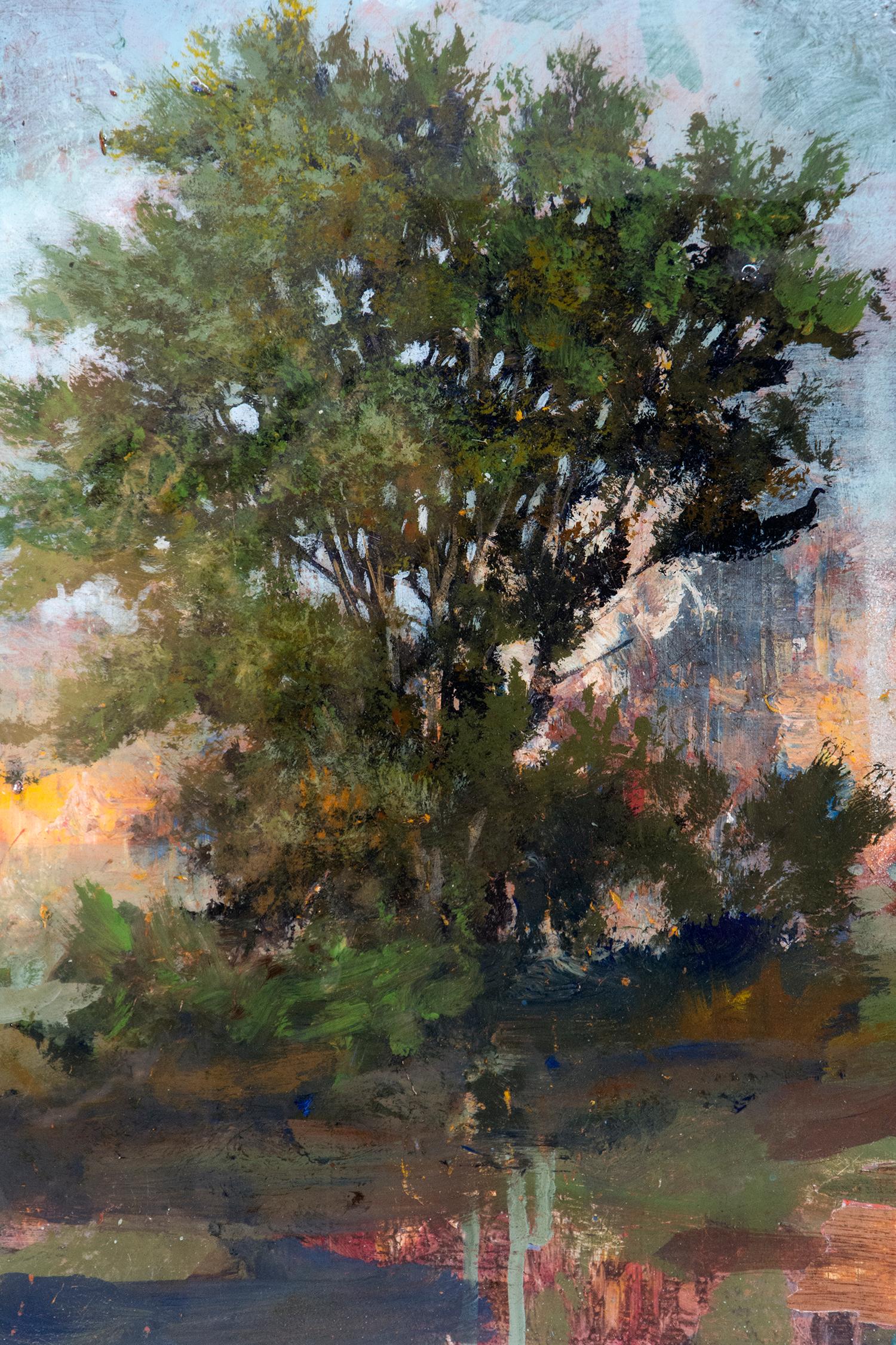 Constable - green, blue, tree, impressionist, resined, acrylic, resin on panel - Painting by Peter Hoffer