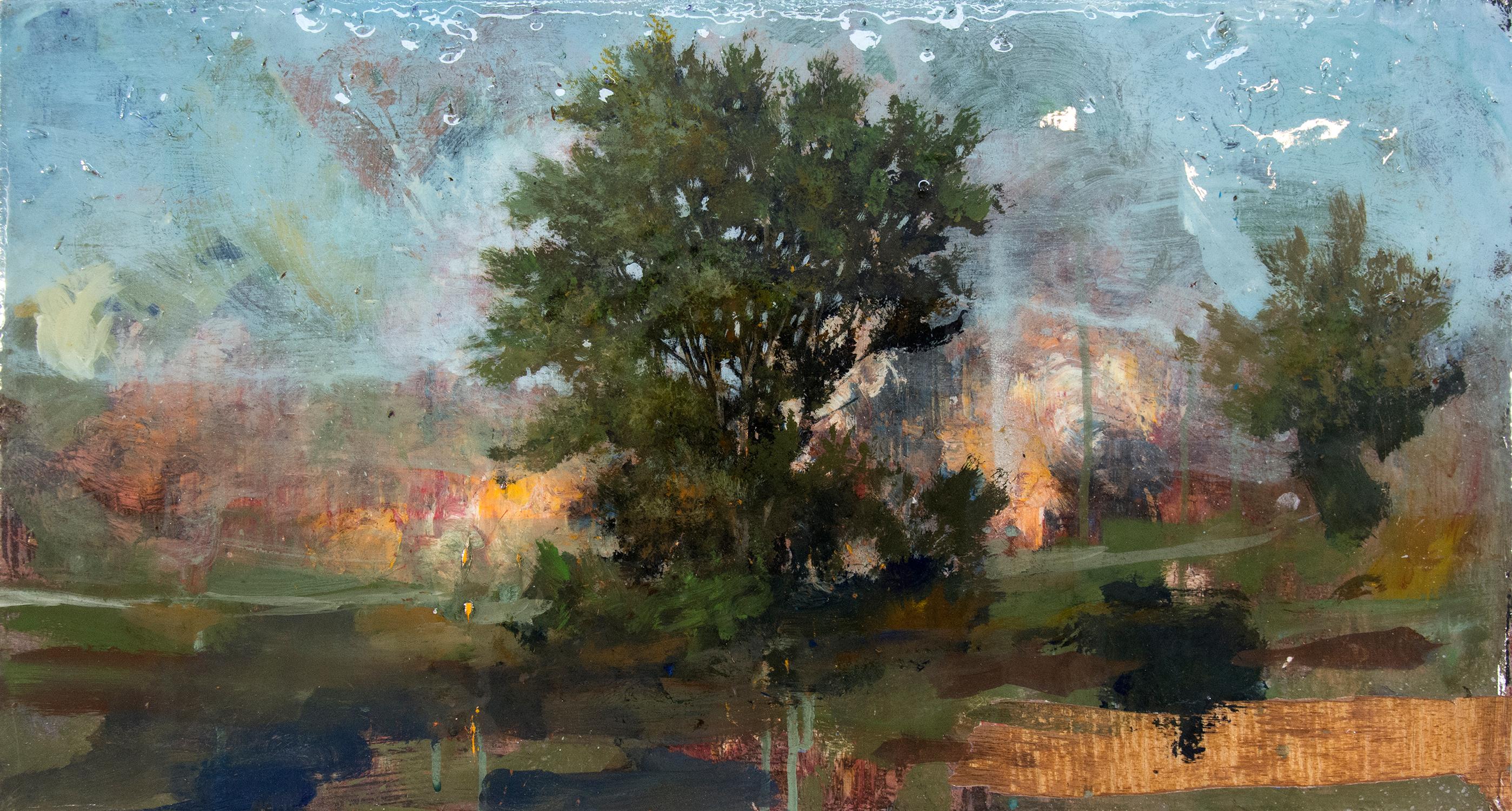 Peter Hoffer Landscape Painting - Constable - green, blue, tree, impressionist, resined, acrylic, resin on panel
