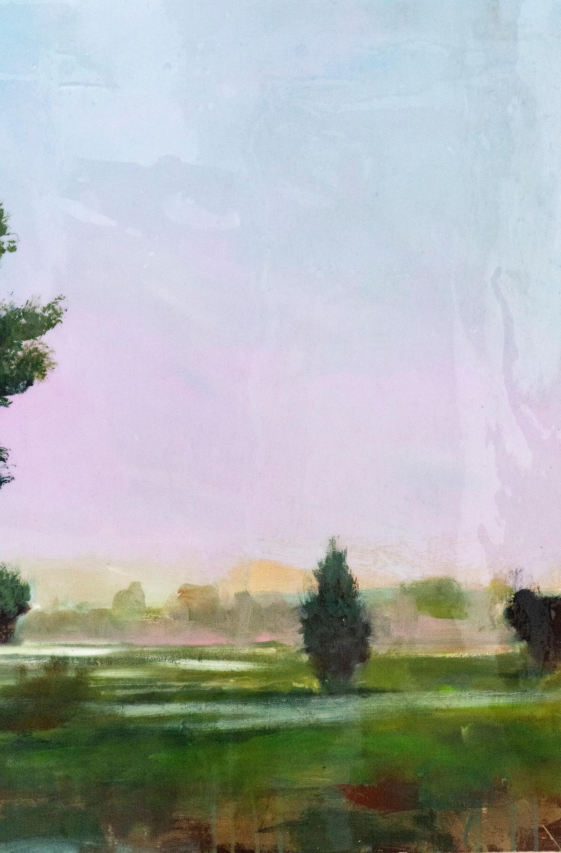 Course - green, mauve, pink, impressionist, tree, acrylic, resin on panel - Painting by Peter Hoffer