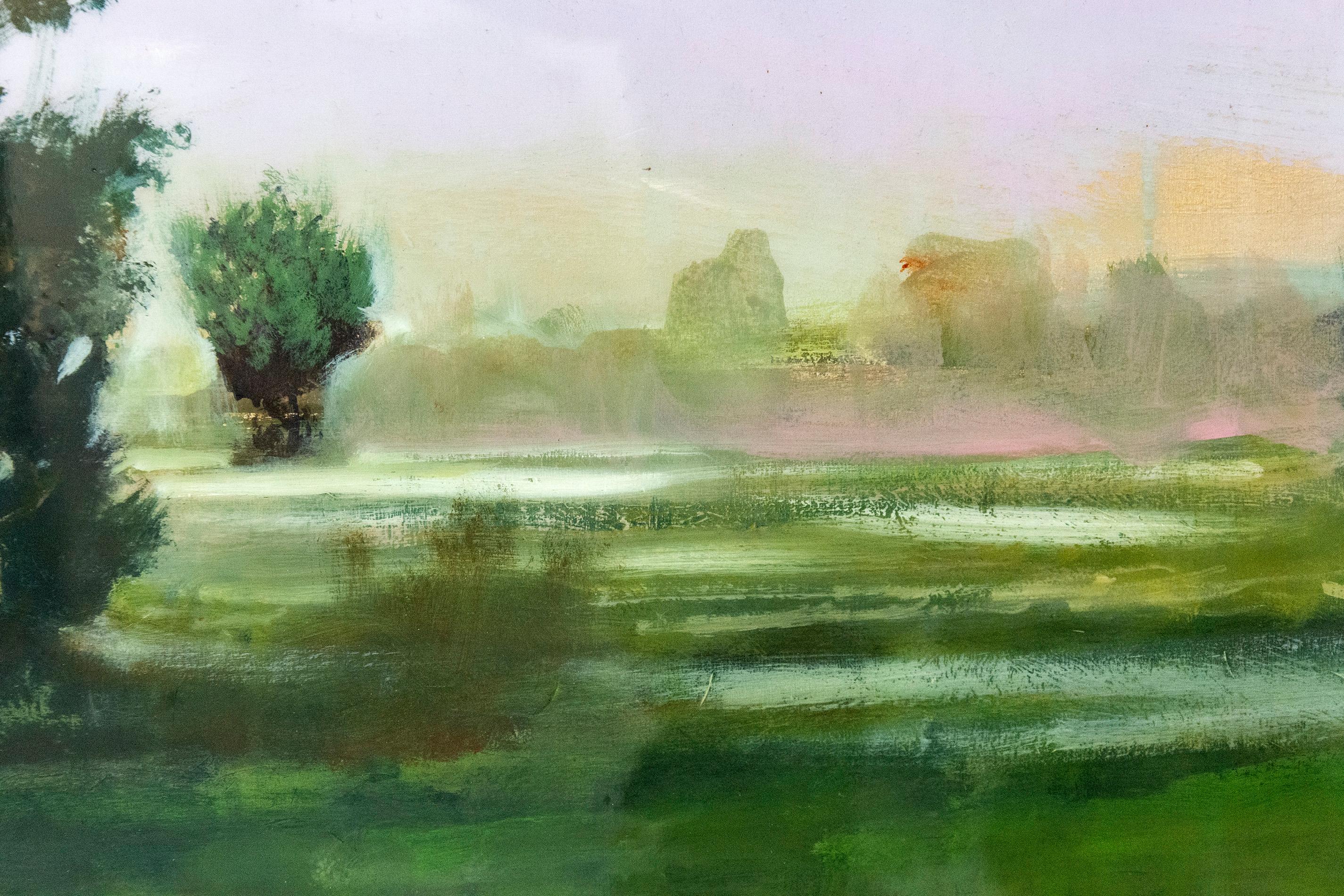 Course - green, mauve, pink, impressionist, tree, acrylic, resin on panel - Contemporary Painting by Peter Hoffer