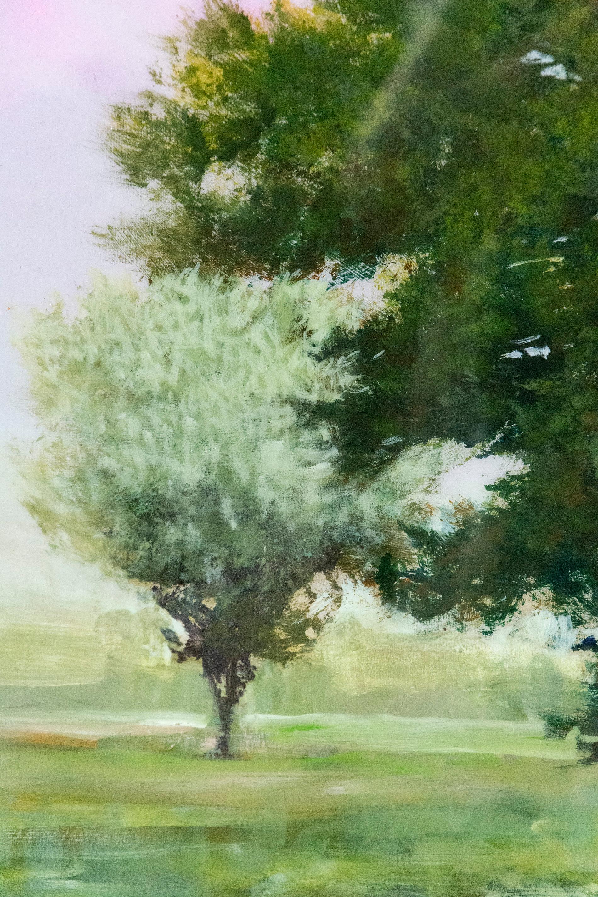 Course - green, mauve, pink, impressionist, tree, acrylic, resin on panel - Pink Landscape Painting by Peter Hoffer