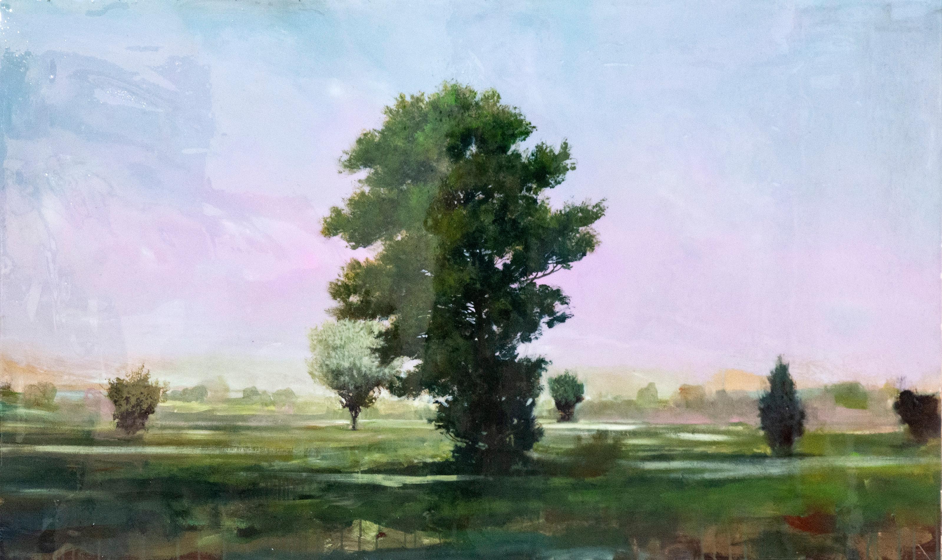 Peter Hoffer Landscape Painting - Course - green, mauve, pink, impressionist, tree, acrylic, resin on panel