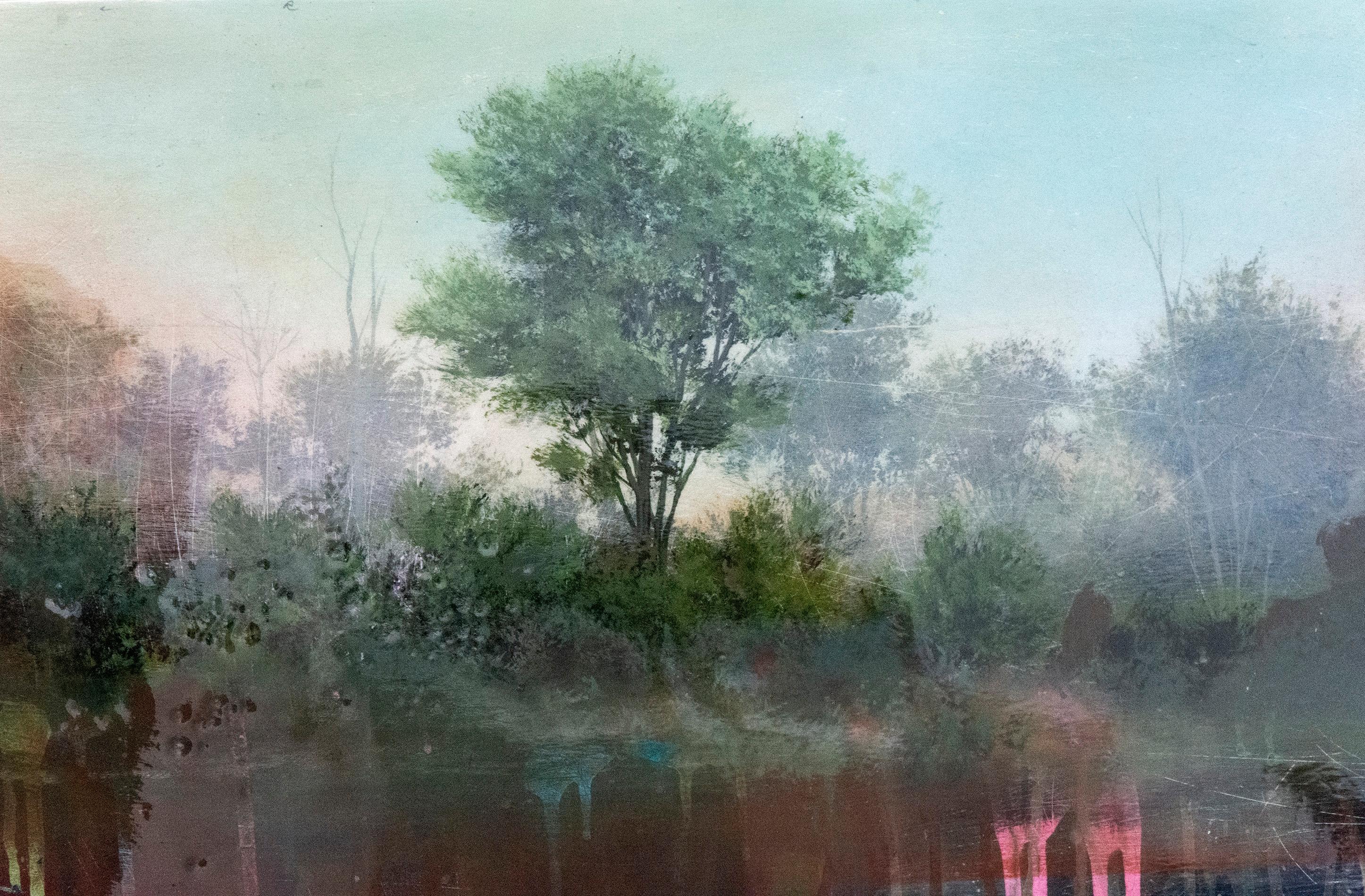 Deacon - dream-like landscape in dark green, mauve, turquoise - Painting by Peter Hoffer