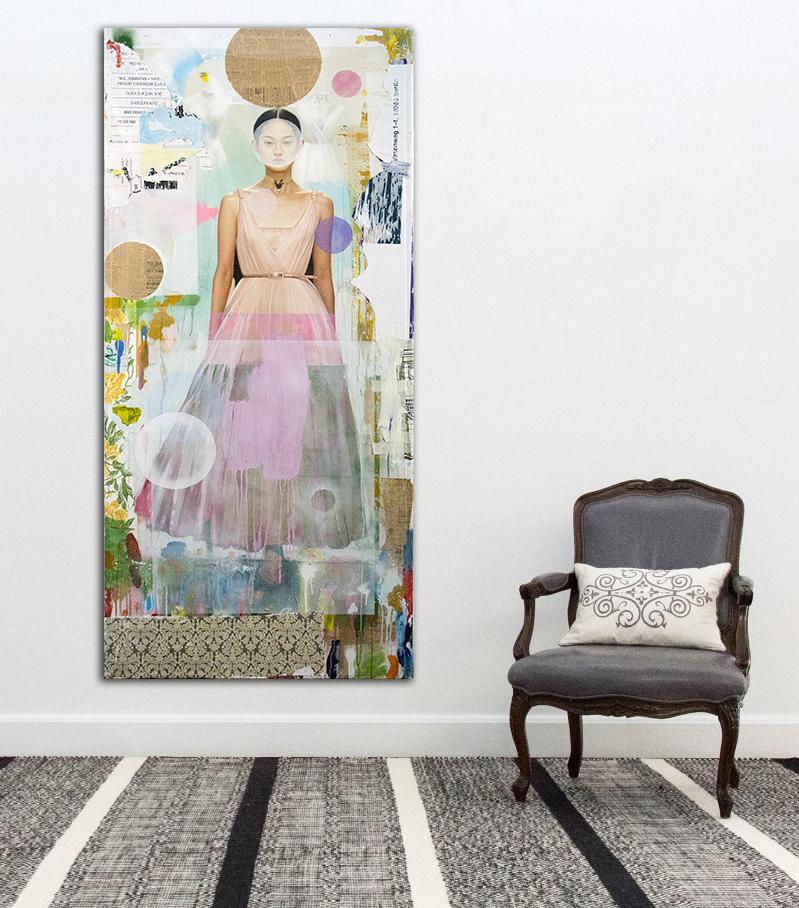 In his couture series, Peter Hoffer explores the theater of fashion through a reinterpreted runway.  In this mixed media painting, a realistically rendered model for the French fashion house Dior is juxtaposed with suggestive collage. The work is