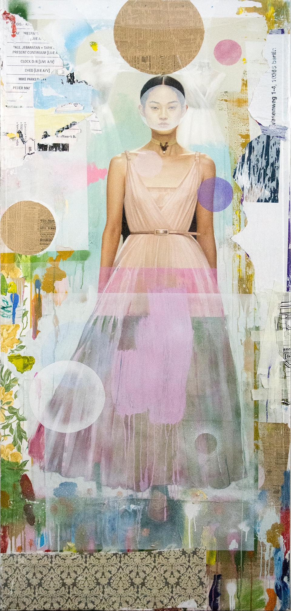 Figurative Painting di Peter Hoffer - Dior - acrilico, olio, carta vintage, modello femminile di moda, collage in plexiglass
