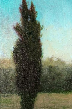 Tamborilero - verde, azul, jardín, niño, figurativo acrílico, óleo y pigmento sobre yute