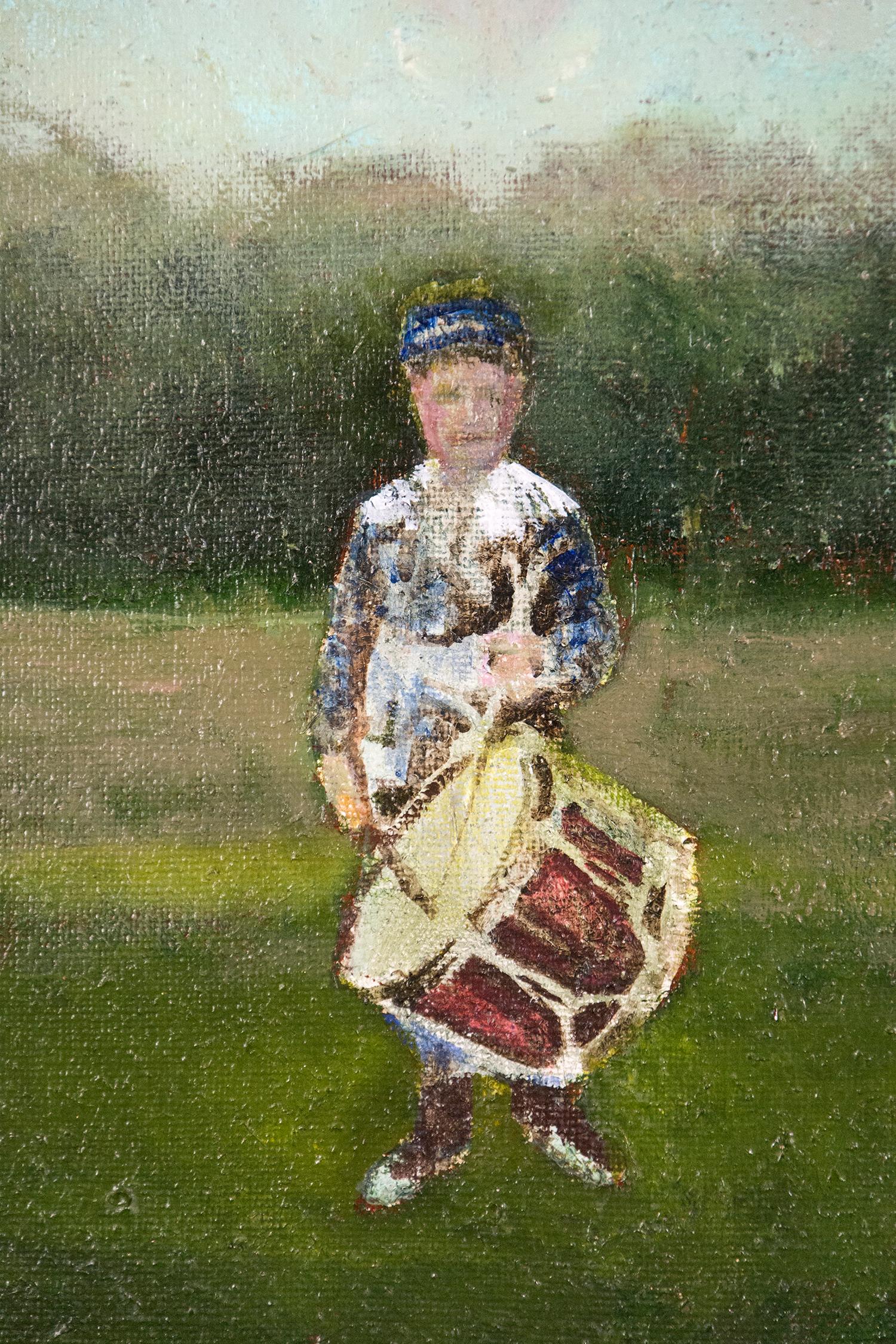 Drummer - grün, blau, Garten, Junge, figuratives Acryl, Öl und Pigment auf Jute (Schwarz), Landscape Painting, von Peter Hoffer
