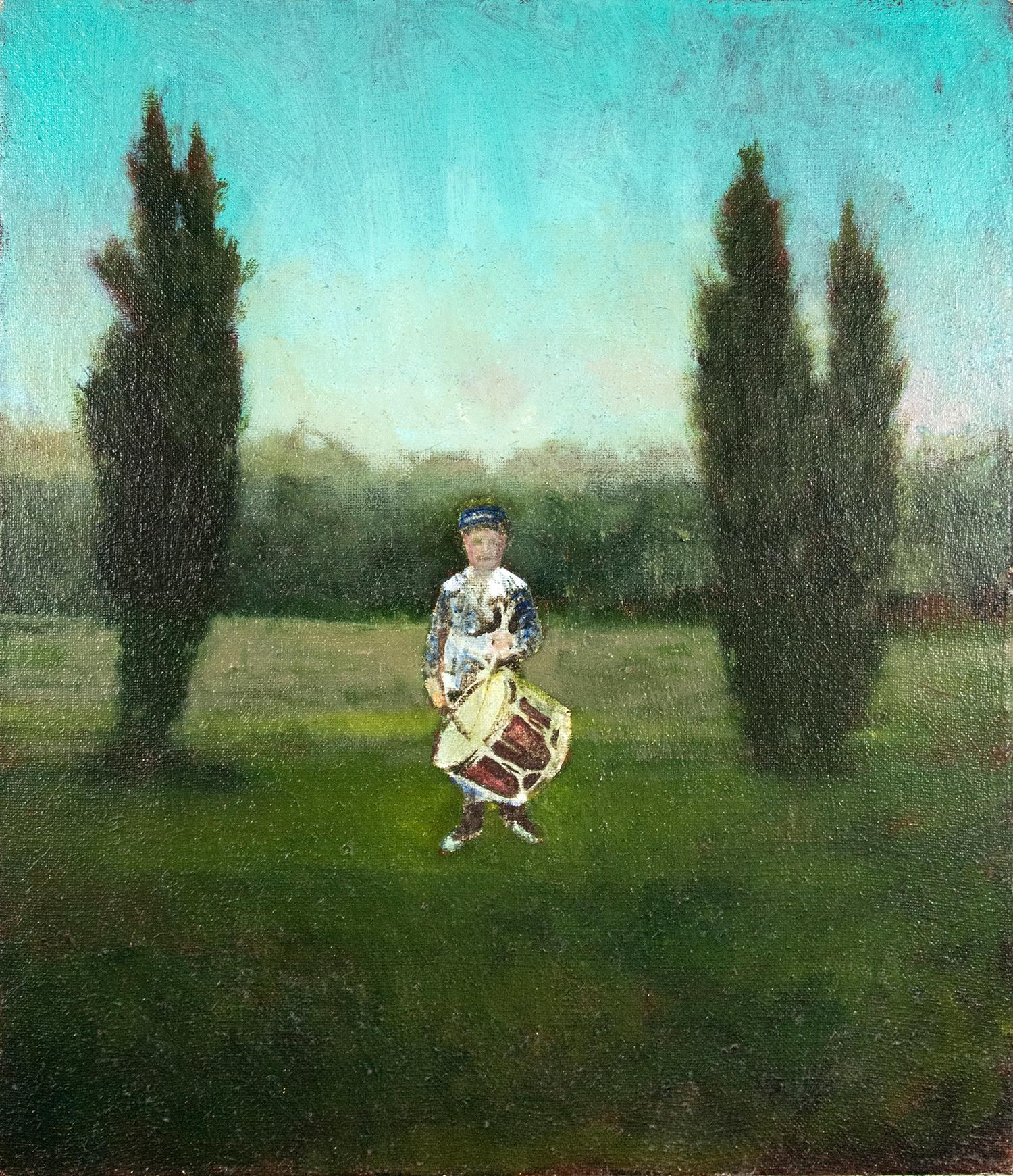 Drummer - green, blue, garden, boy, figurative acrylic, oil and pigment on jute