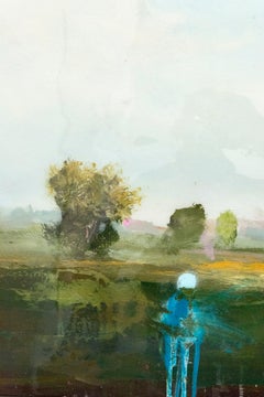 Est - verde, blu, rosa, paesaggio contemporaneo, acrilico e resina su pannello